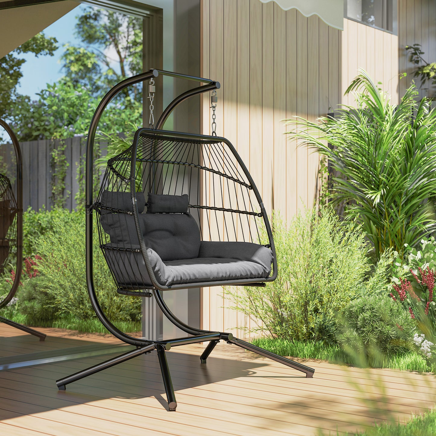 Outsunny Rattan Double Hanging Egg Chair with Stand, Foldable Wicker, Cushion & Head Pillows, 260 kg Capacity, Steel Frame, Indoor/Outdoor, Dark Grey