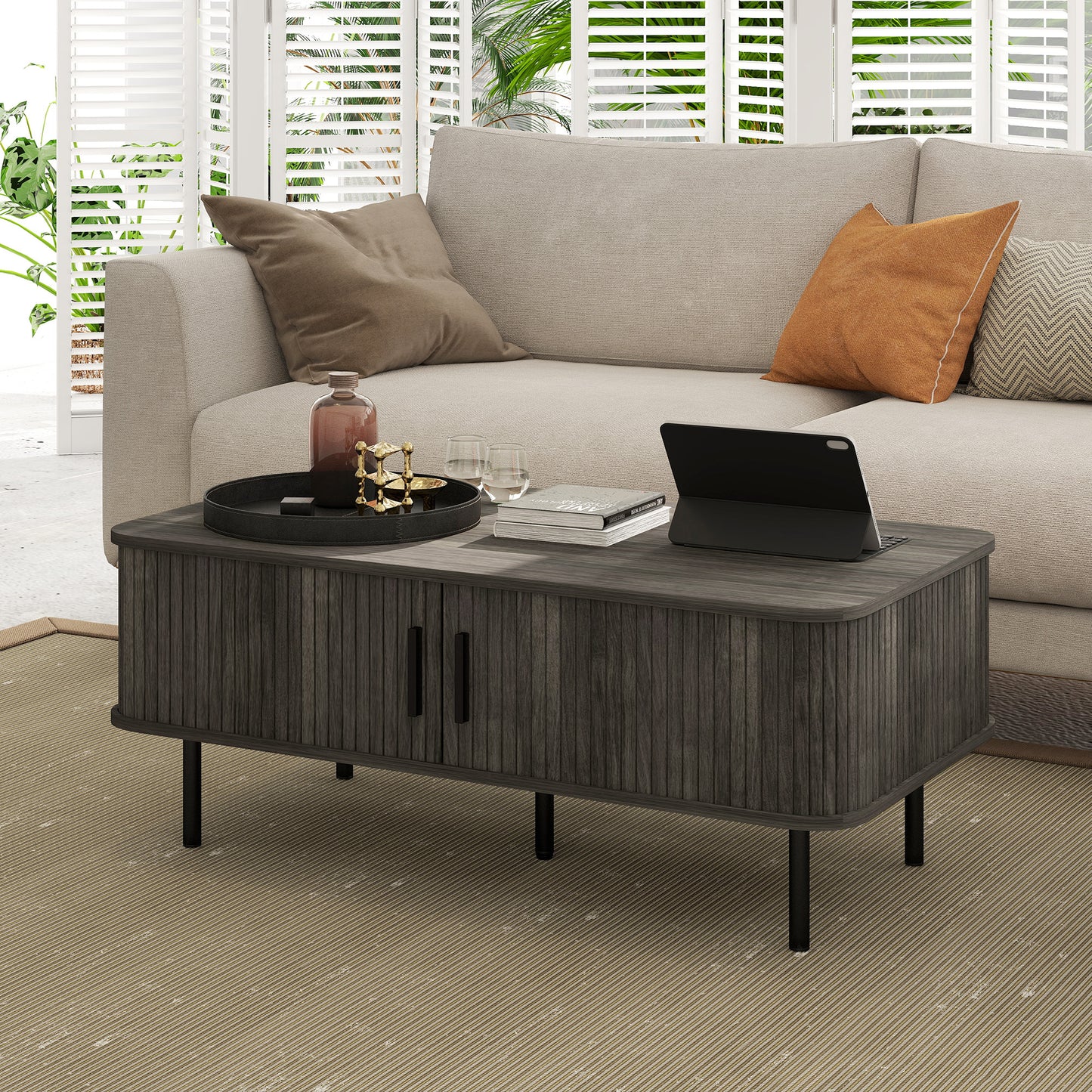 HOMCOM Coffee Table, Storage & Slatted Tambour Sliding Doors, Rectangular with Elevated Base & Foot Pads, Living Room, Grey Wood-Effect
