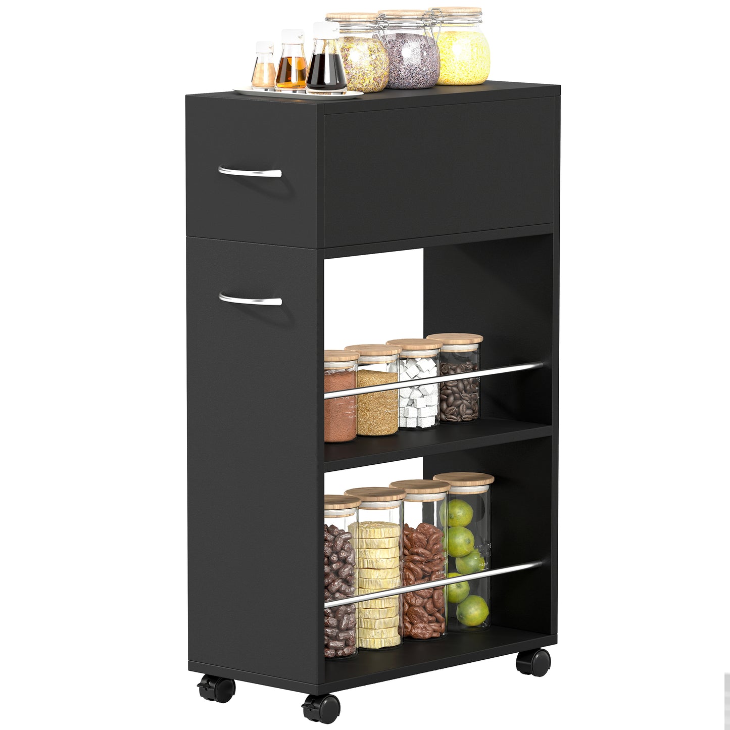 HOMCOM Kitchen serving cart on casters with 1 drawer and 2 open shelves for dining room 25 x 50 x 85 cm Black