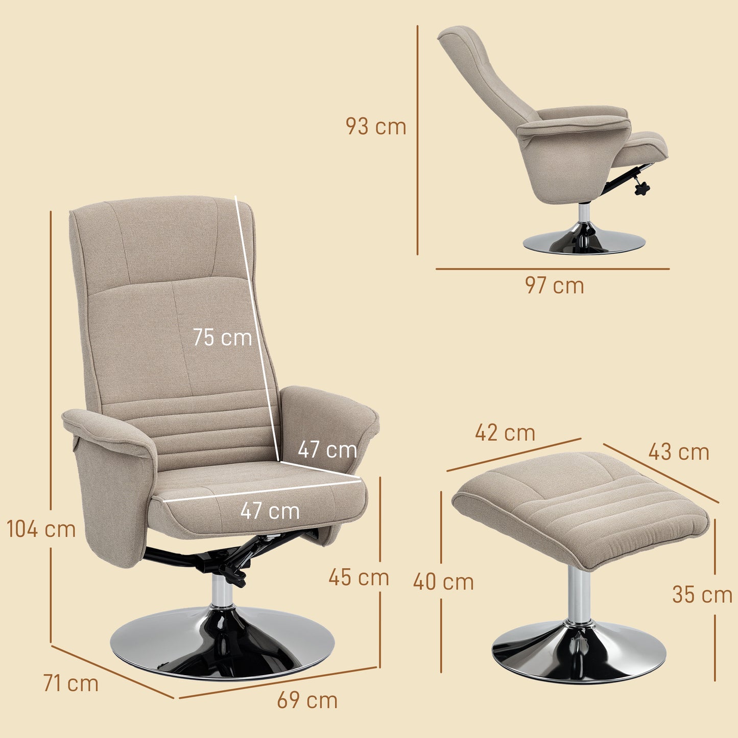 HOMCOM Swivel Recliner Chair with Footstool, Velvet Upholstered Armchair with Ottoman, Steel Base for Living Room, Bedroom, Office, Beige