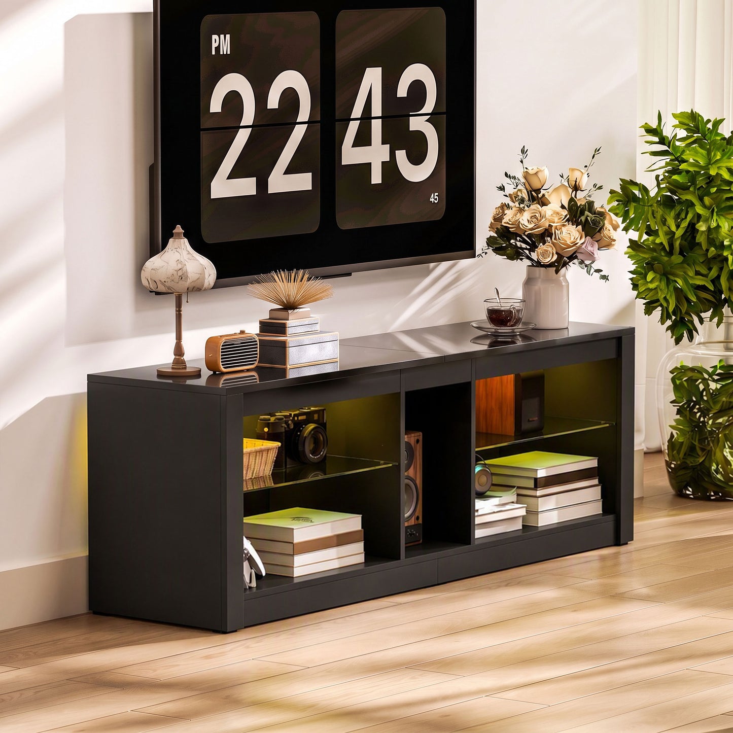 HOMCOM TV Stand Cabinet with LED Lights and Remote Control for TVs up to 65", Entertainment Centre with Storage Shelves, Black
