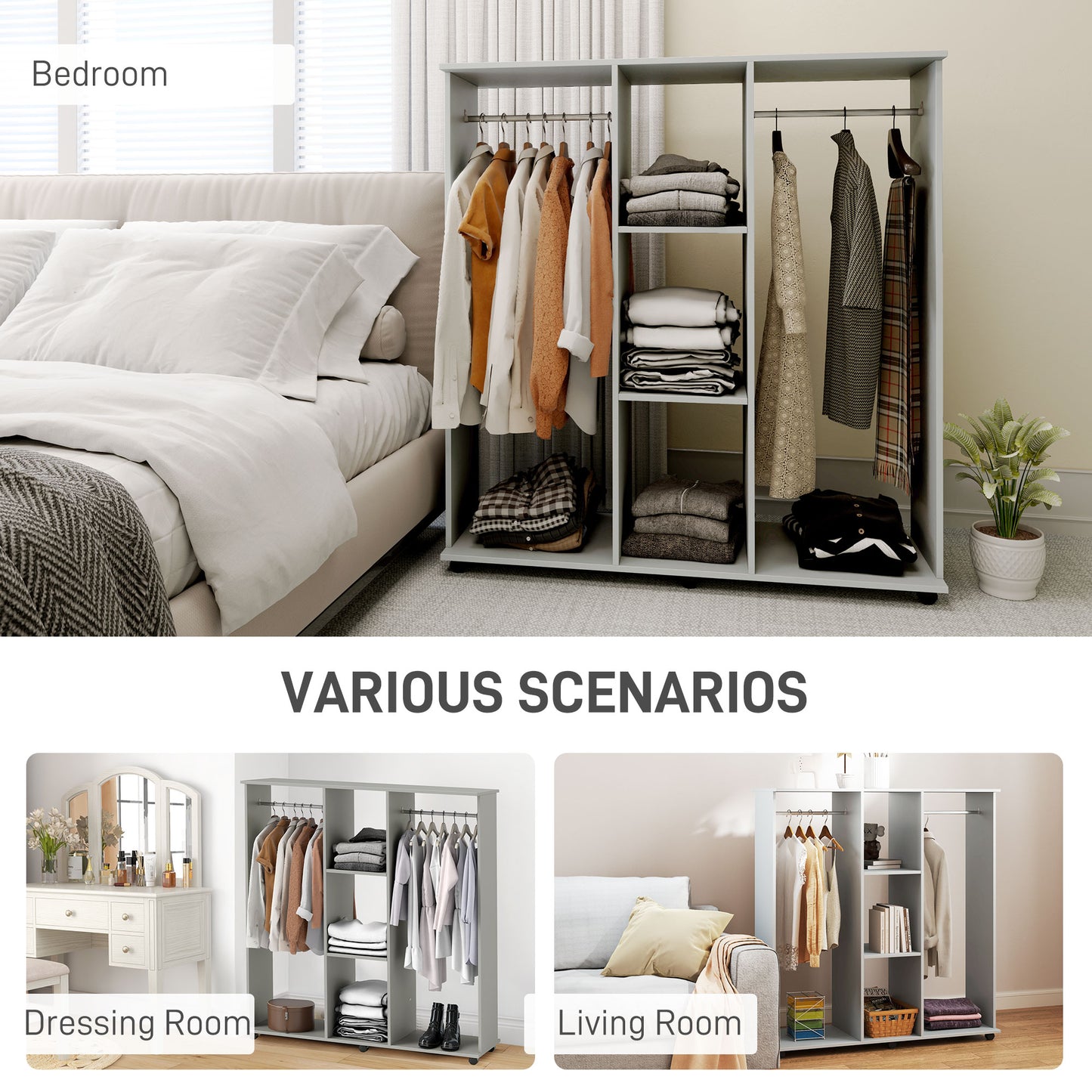 HOMCOM Open Wardrobe on Wheels, Clothes Rails, 3 Shelves, Grey