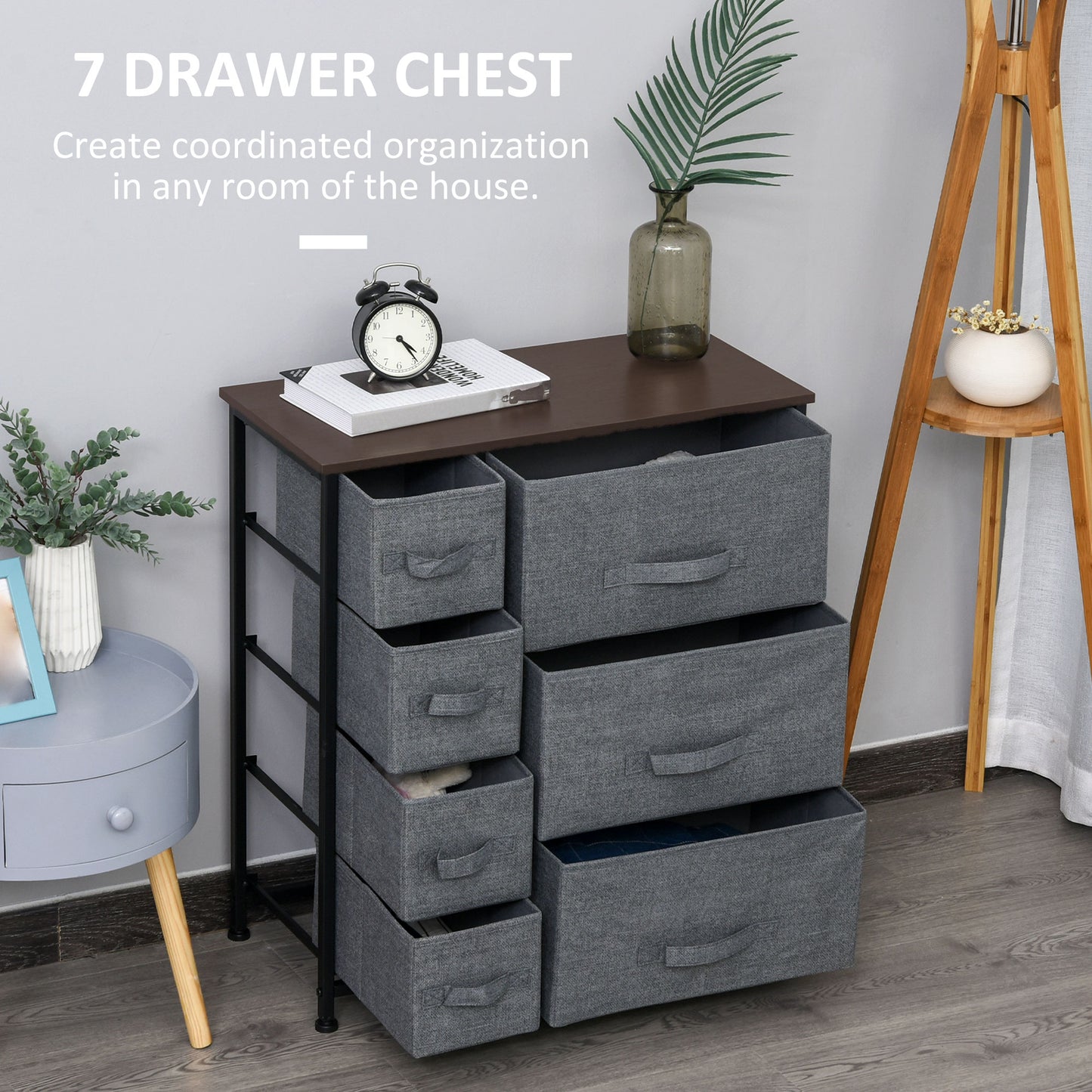 HOMCOM Chest of Drawers with 7 Drawers, Fabric Drawers Adjustable Feet Dark Grey