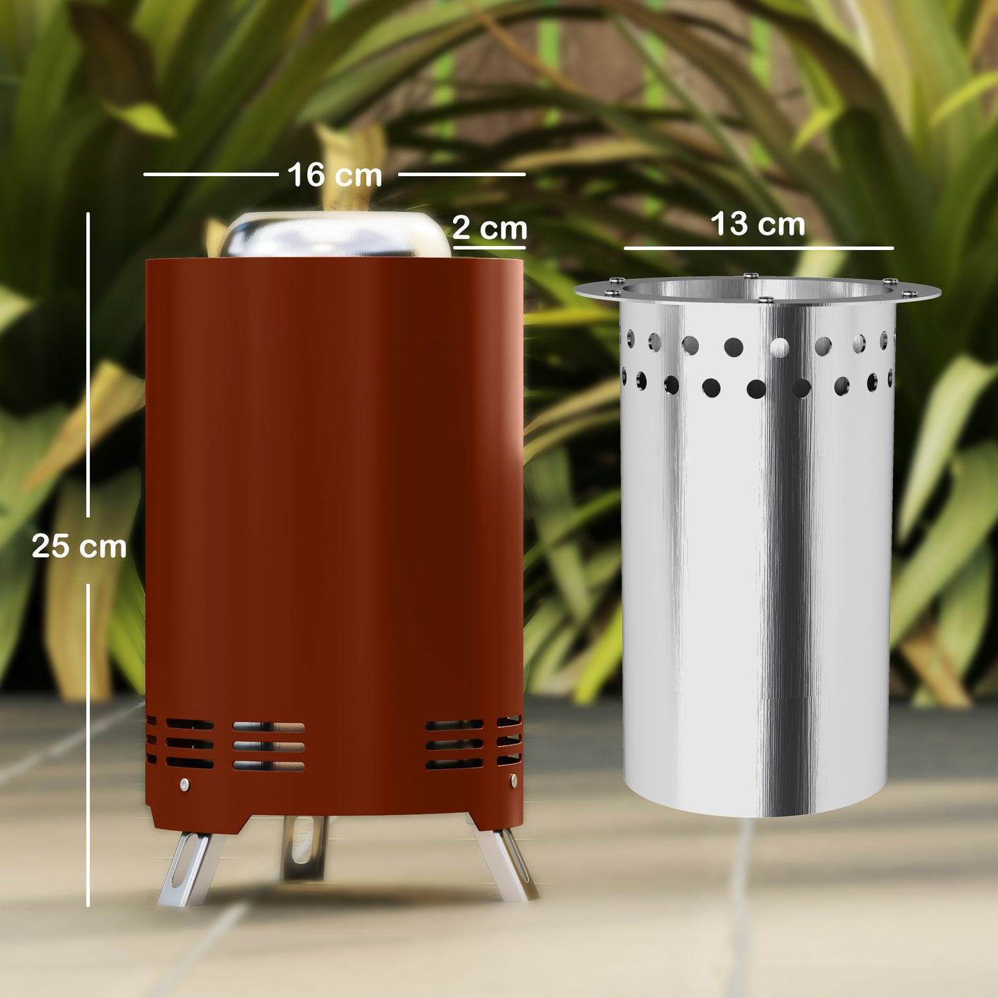 Outsunny Smokeless Fire Pit, 16x16cm Stainless Steel Portable Wood Burning Firepit with Poker for Garden Camping, Red