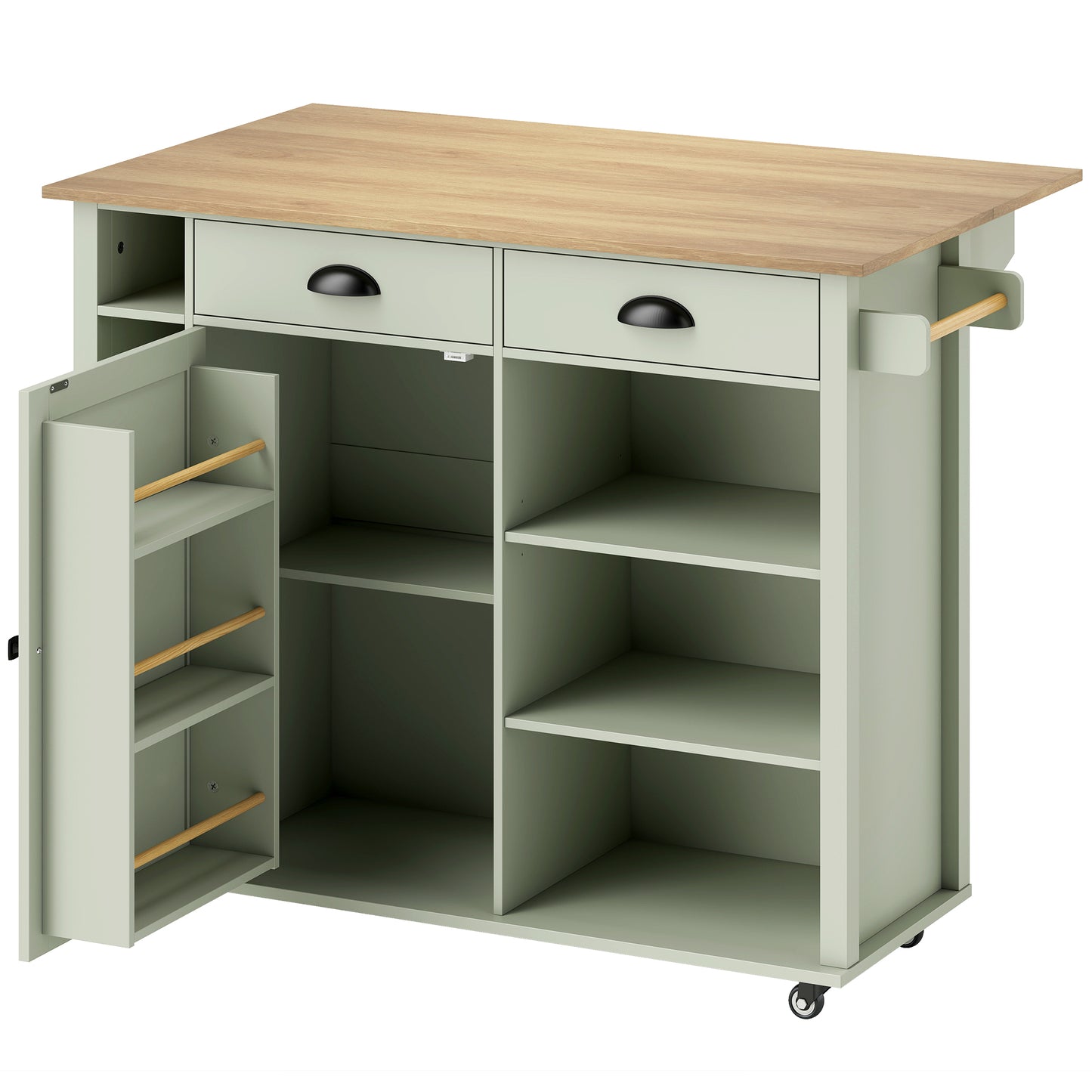 HOMCOM Kitchen Island with Drop Leaf Tabletop Kitchen Island on Wheels Storage Cabinet Shelf Trolley Light Green
