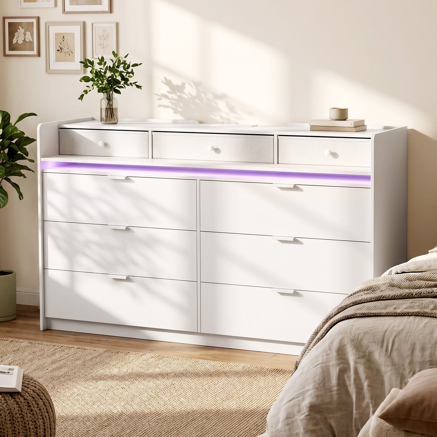 HOMCOM Chest of Drawers for Bedroom with LED Light & Charging Station, 9 Drawers Storage Unit/TV Stand, White
