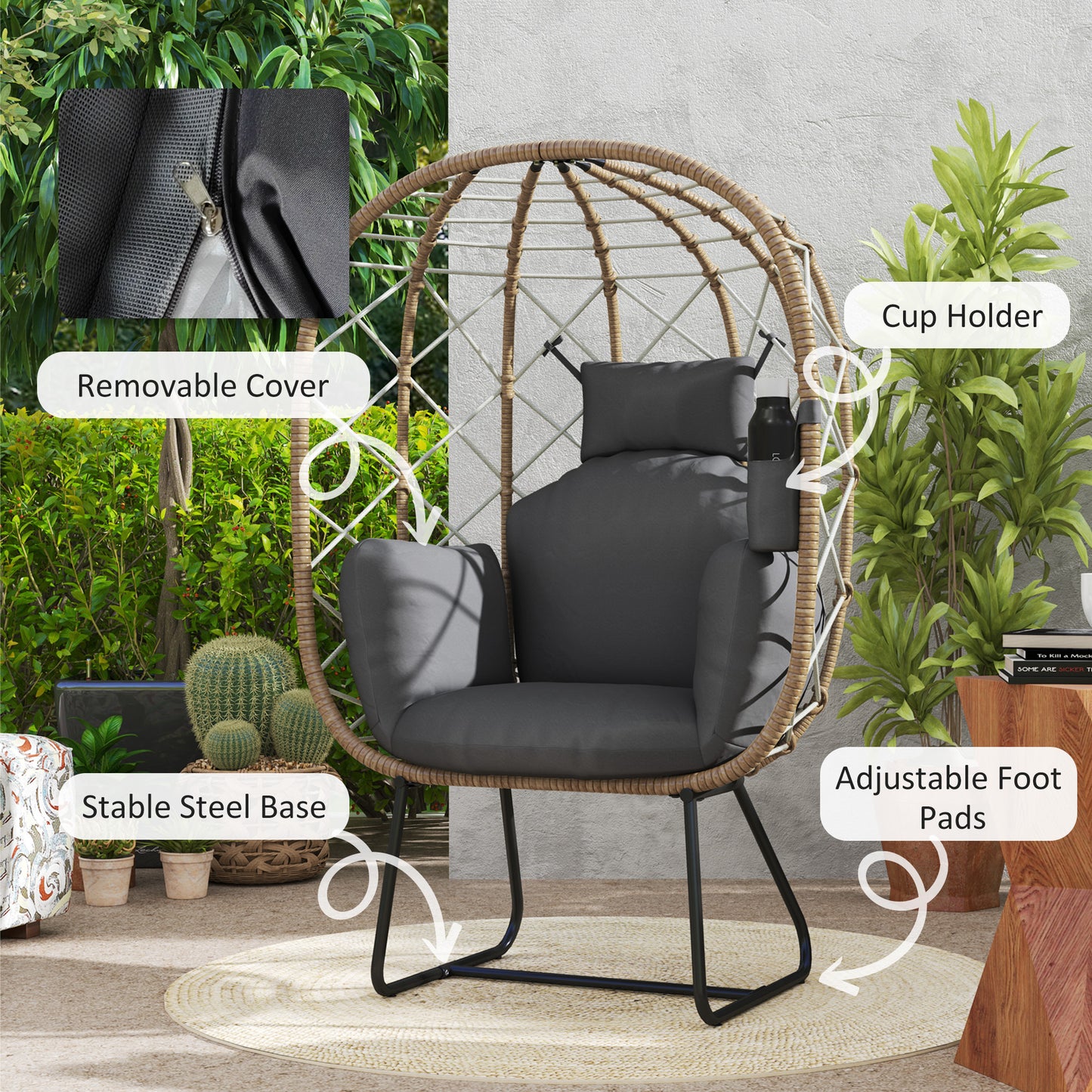 Outsunny Rattan Egg Chair: Indoor/Outdoor Wicker Chair with Cushion & Headrest, Metal Frame, Brown