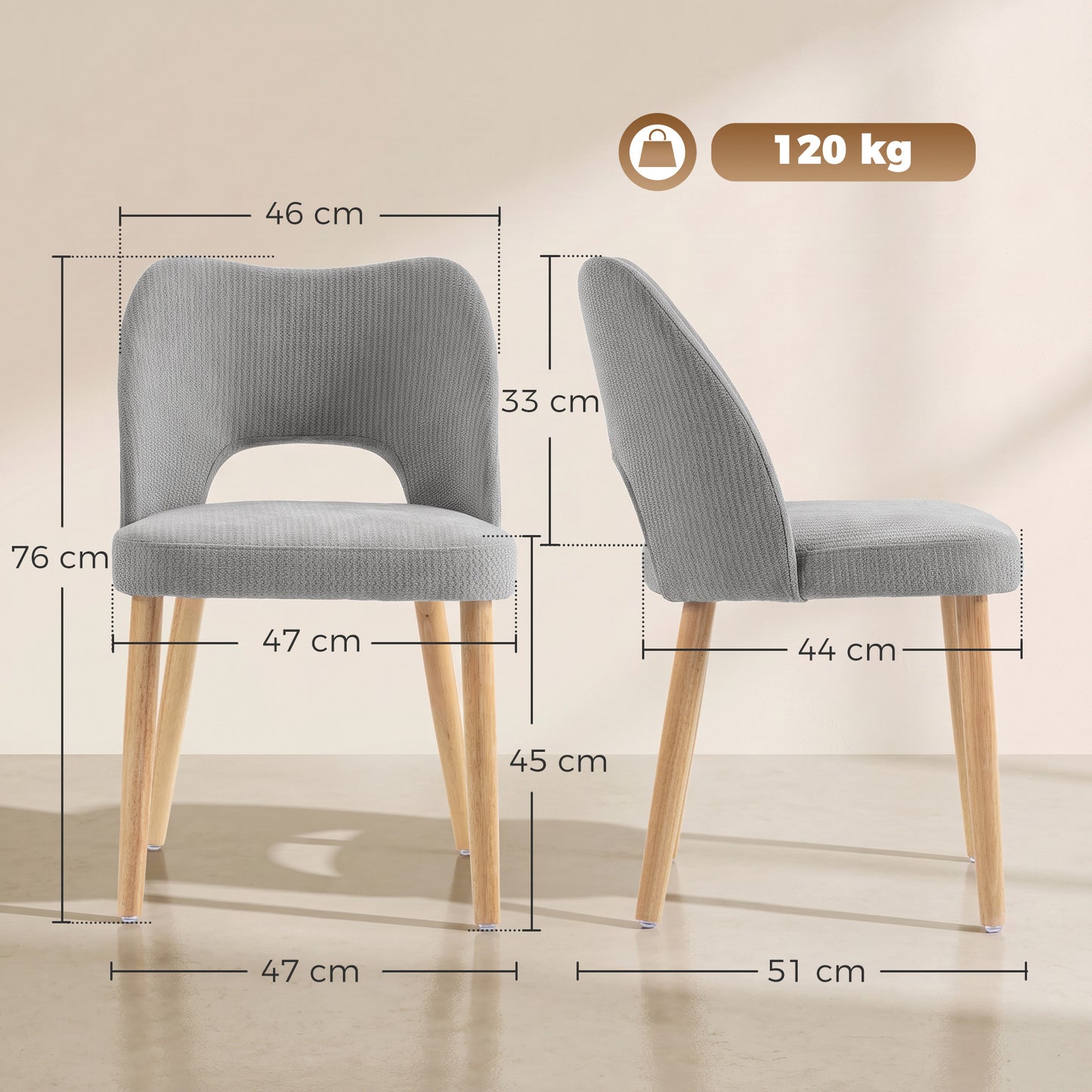 HOMCOM Dining Chairs Set Upholstered Kitchen Chenille Tool Free Assembly Rubberwood Legs, Grey