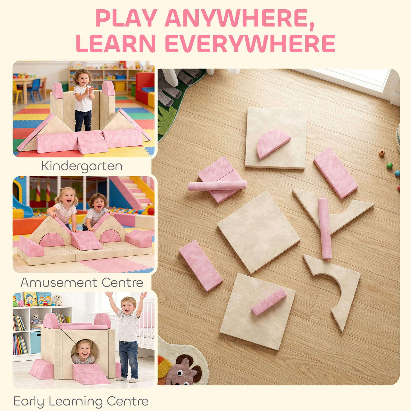 AIYAPLAY Kids Play Sofa, 12 Pieces Foam Modular Soft Play Set for Playroom, Children Convertible Sofa for Boys and Girls, Pink