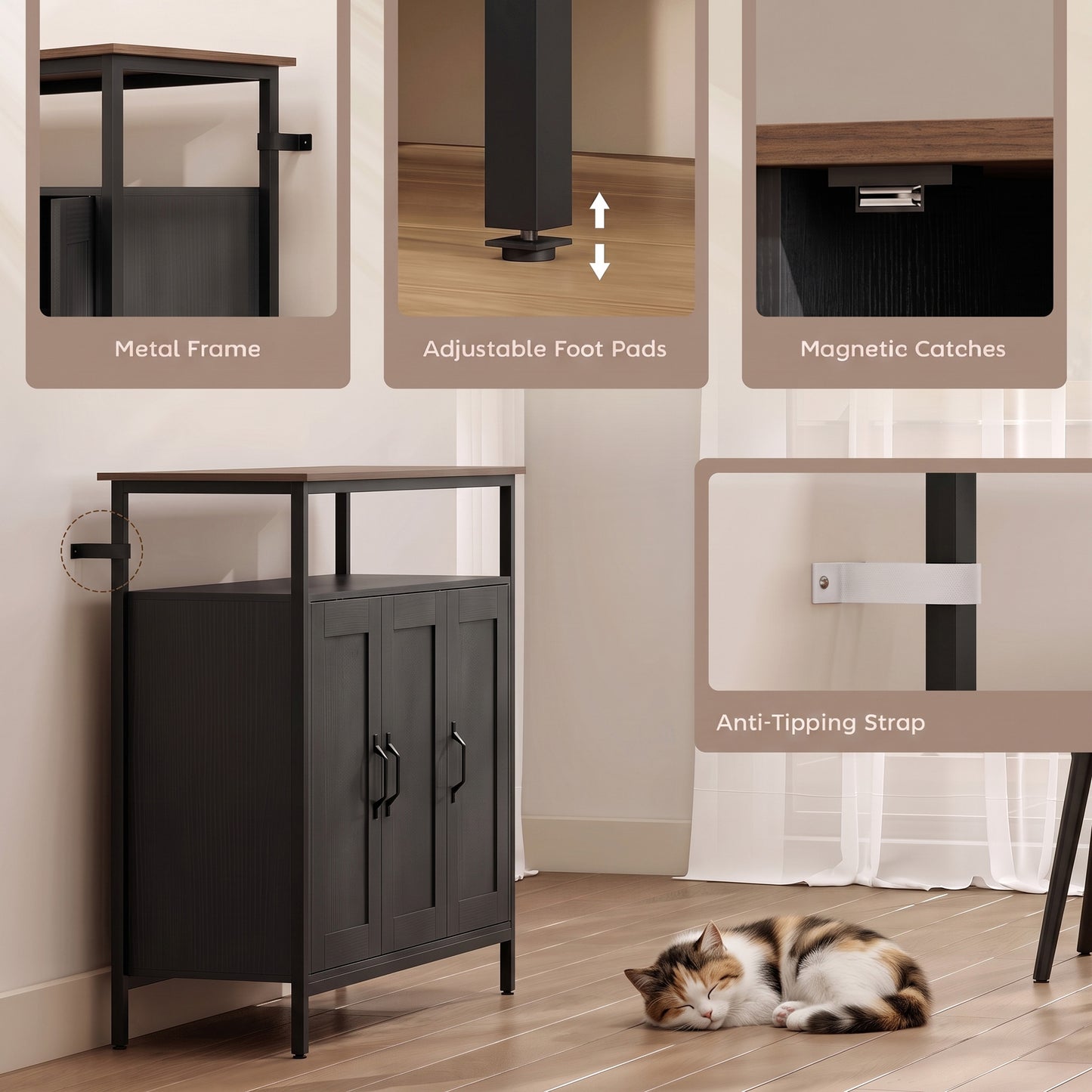 HOMCOM Industrial Kitchen Sideboard with Open Shelf, 2 Cabinets, Adjustable Shelves for Living Room, Dining Room, Black