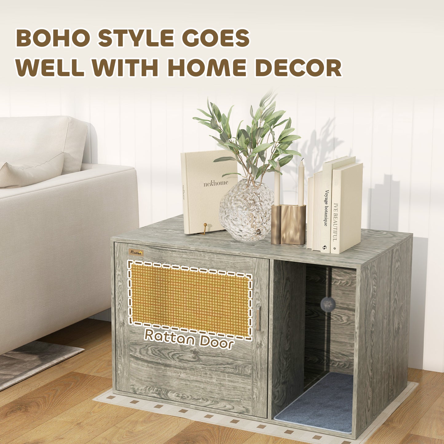 PawHut Boho Style Cat Litter Box Enclosure with Rattan Door, Scratching Mat, Toy Ball, Non-slip Foot Pads, 80 x 50 x 50cm, Grey