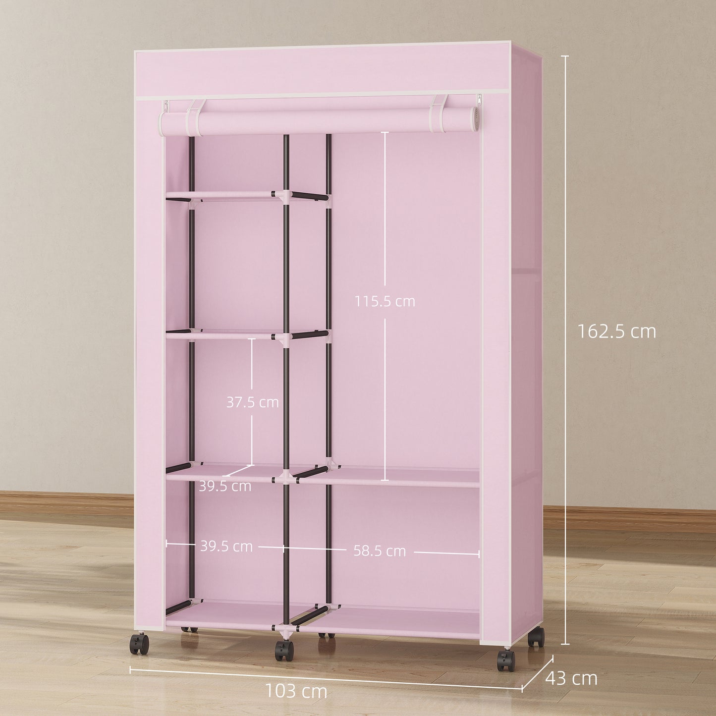HOMCOM Fabric Wardrobe, Portable Wardrobe with 6 Shelves, 1 Hanging Rail, Pink