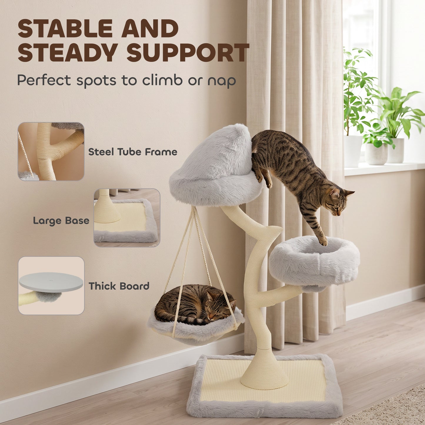 PawHut 115 cm Modern Cat Tree Tower for Large Cats with Sisal Scratching Post, Holds 1 Cat up to 6kg, Machine-Washable Beds