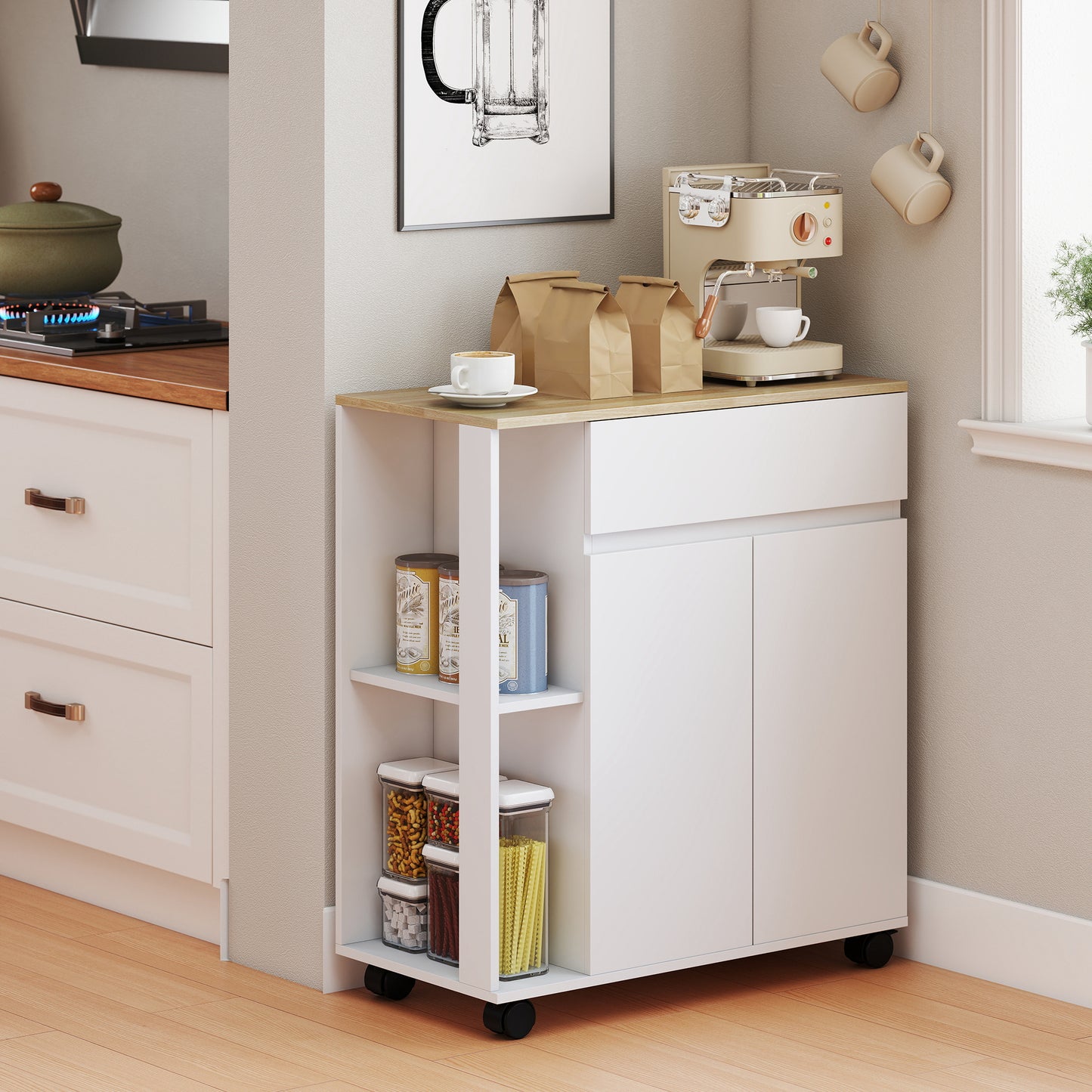 HOMCOM Kitchen Storage Trolley Cart with Cabinet, Drawer and Open Shelves, White