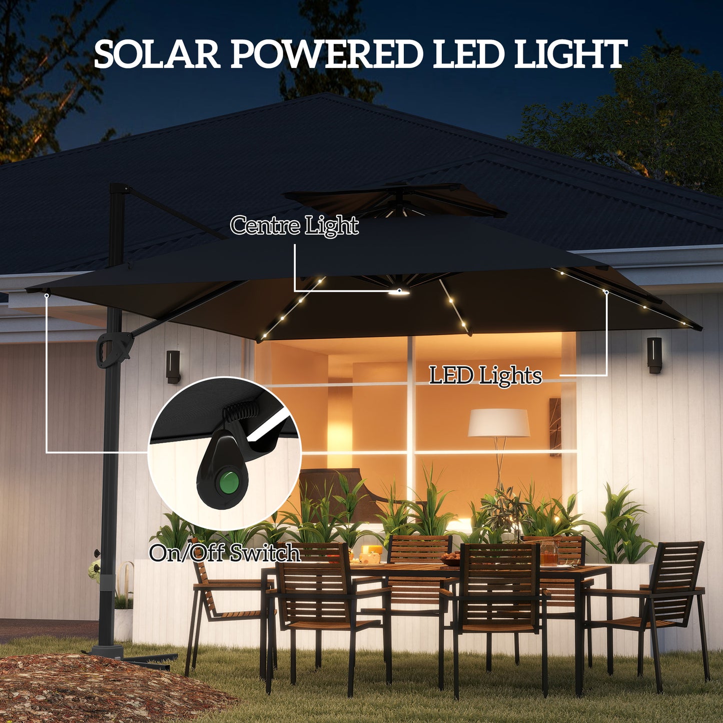 Outsunny Garden Cantilever Parasol, 3.5x3m, Solar LED Lights, UPF50+ Patio Umbrella with Cross Base, Crank Handle & Tilt, Black