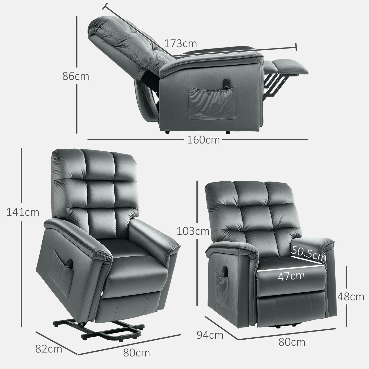 HOMCOM Velvet-Feel Electric Lift Recliner Chair - Dark Grey