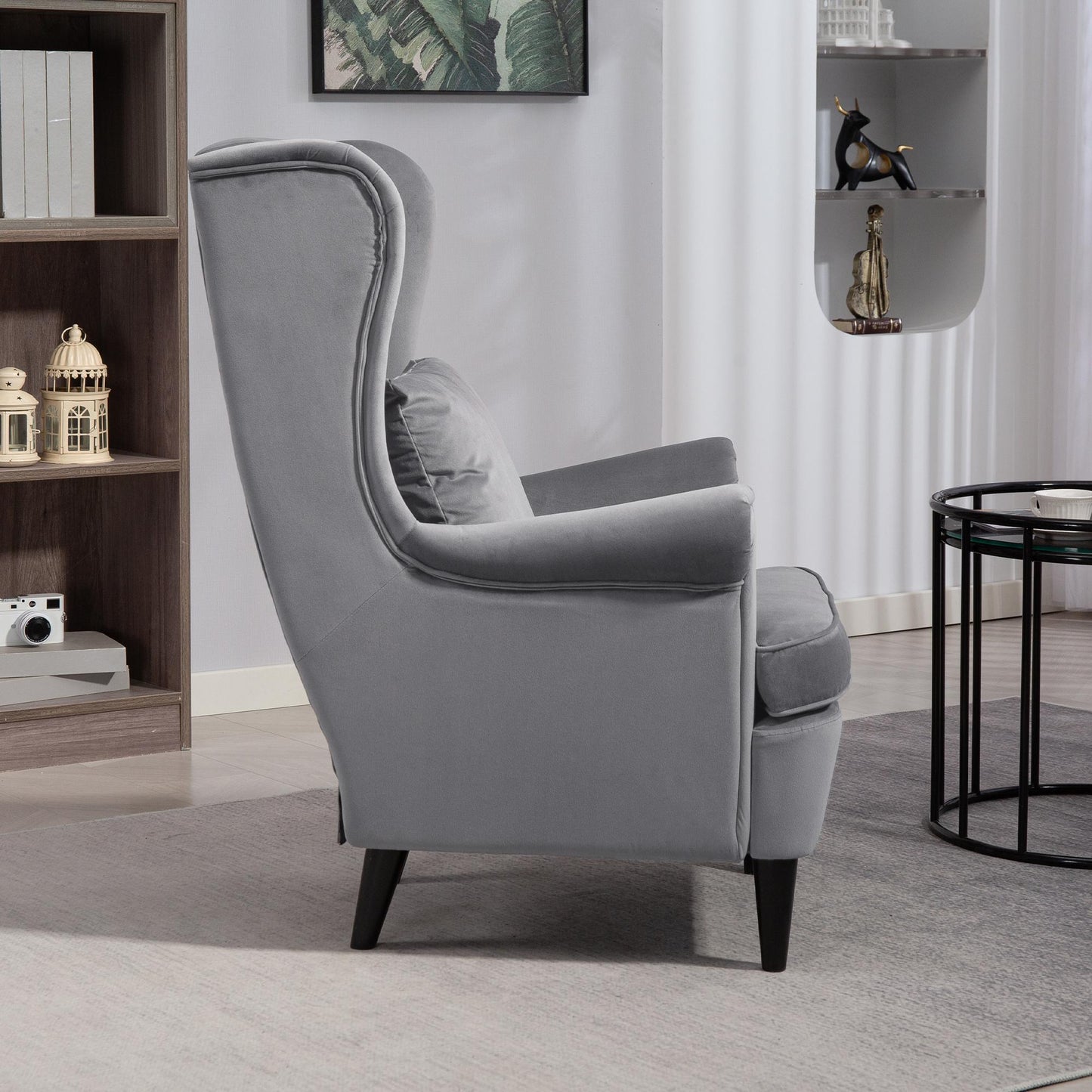 HOMCOM Modern Accent Chair, Upholstered Wingback Armchair, Velvet-Feel Fabric, Solid Wood Legs, Pillow Included, Dark Grey