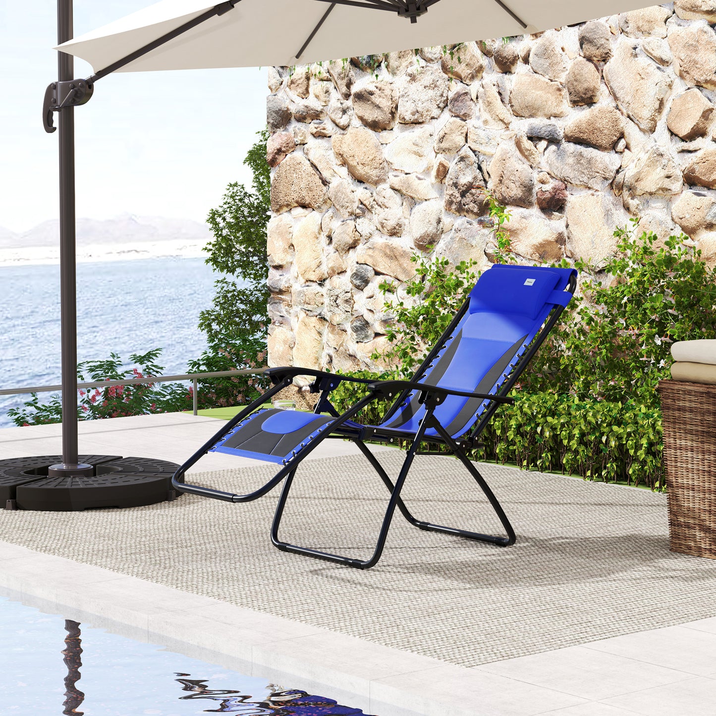 Outsunny Zero Gravity Lounger Chair, Folding Recliner with Padded Seat, Cup Holder, Cushion & Headrest for Poolside/Camping, Blue