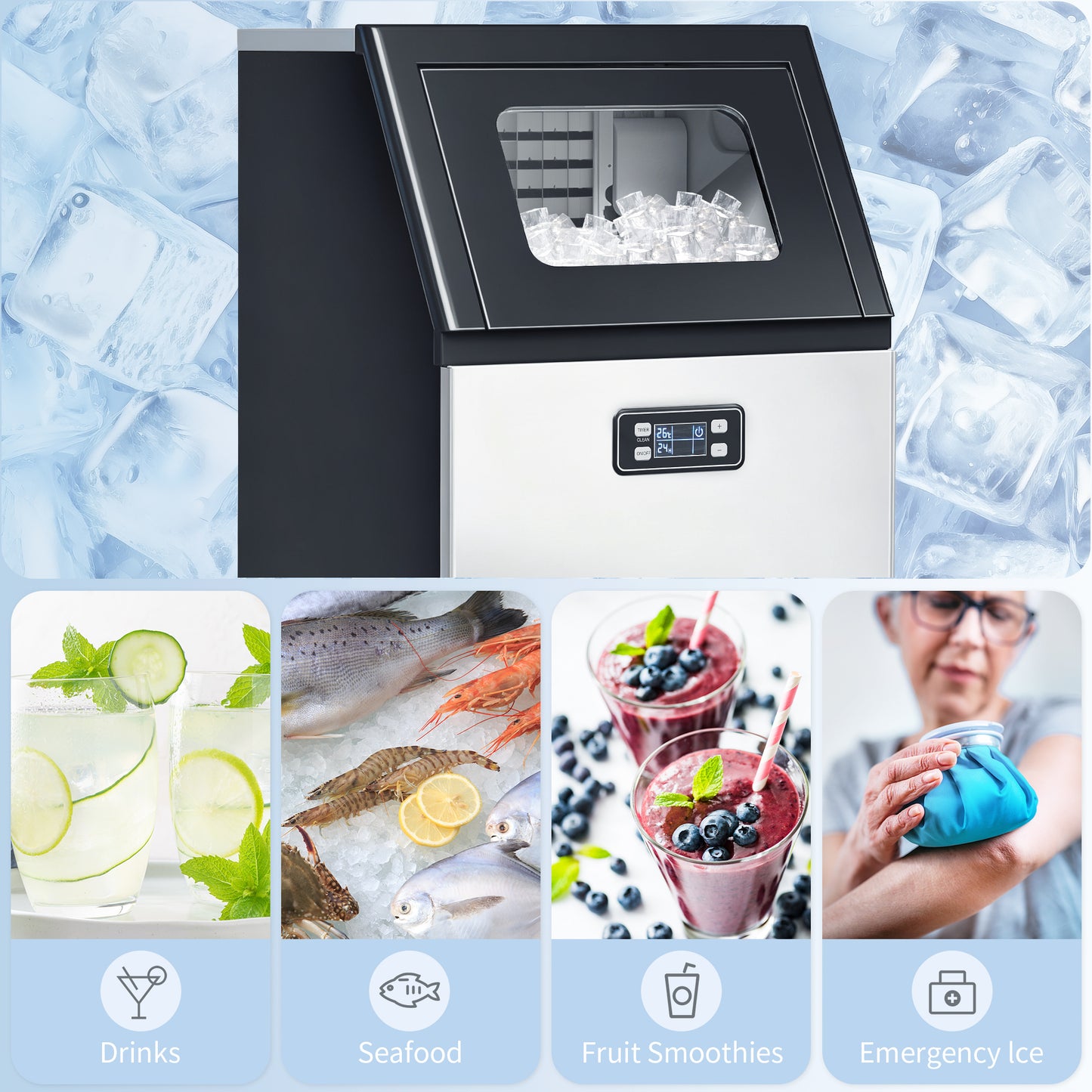 HOMCOM Freestanding Ice Maker Stainless Steel 45kg/24h