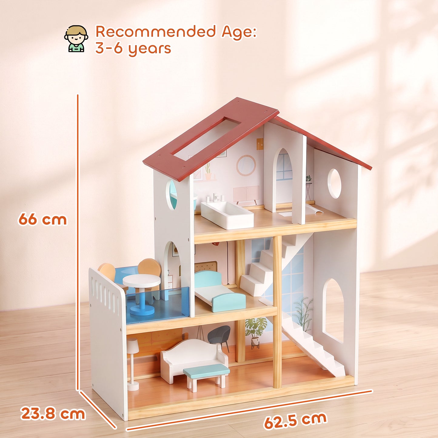 AIYAPLAY Kids Wooden Dolls House, 3-Story Dollhouse with 5 Rooms and 11 Accessories, Pretend Play Gift for Ages 3+, White