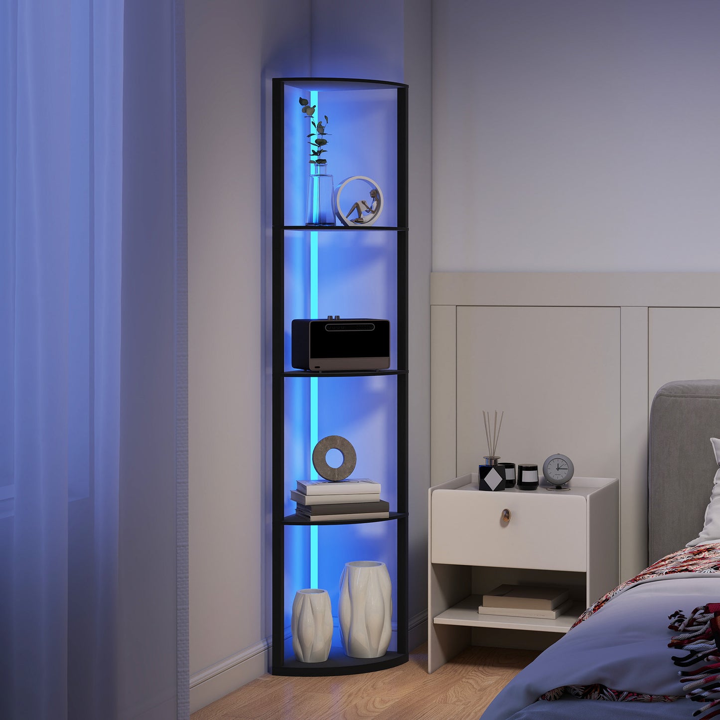 HOMCOM RGB LED Floor Lamp with Shelves, 5-Tier Dimmable Lamp with Remote, Modern Corner Display Shelf for Living Room/Bedroom/Office, Black