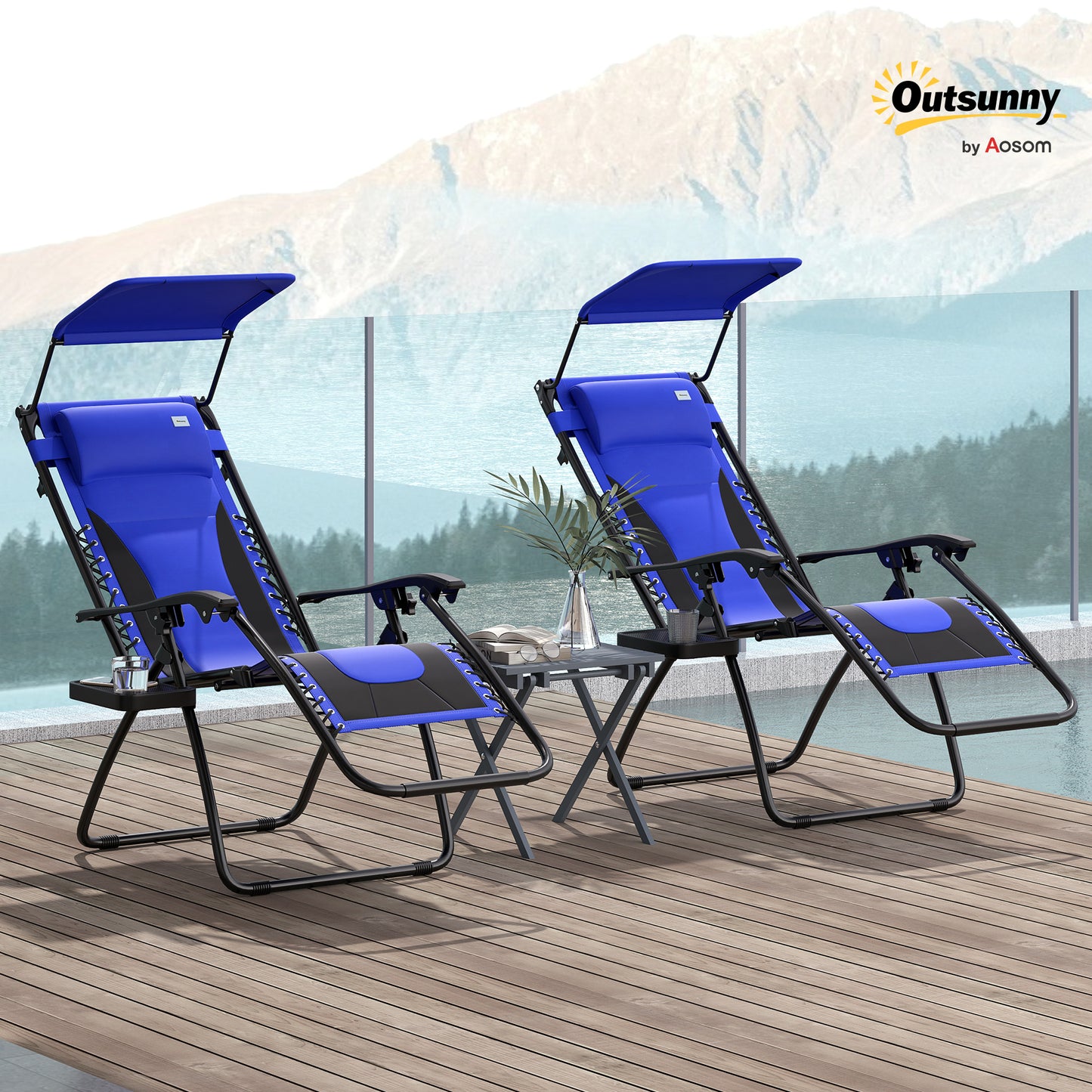 Outsunny Zero Gravity Lounger Chair Set of 2, Folding Recliner with Shade, Cup Holder, Cushion, Blue