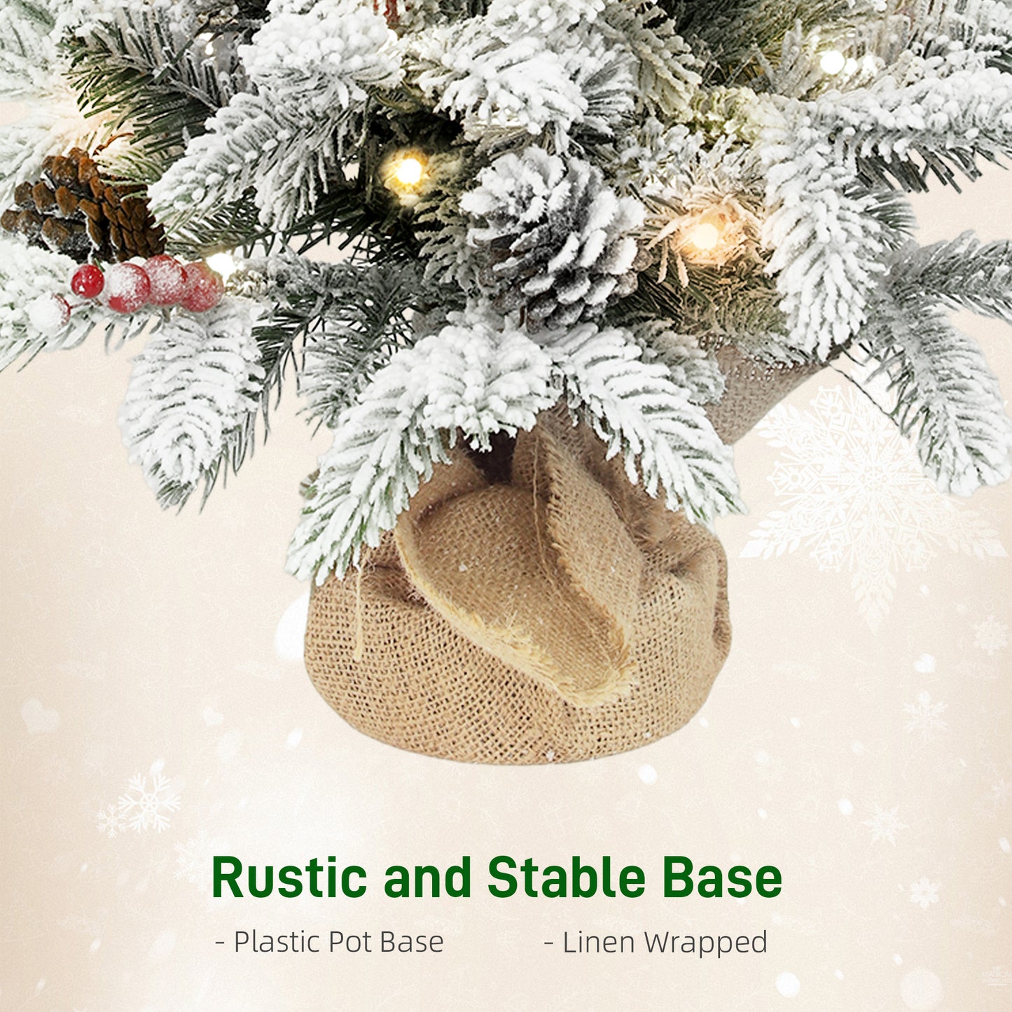 HOMCOM 60cm Prelit Christmas Tree w/ 35 LED Lights, Snow Flocked, Pine Cones, Berries, Linen Base, Battery Operated, Green