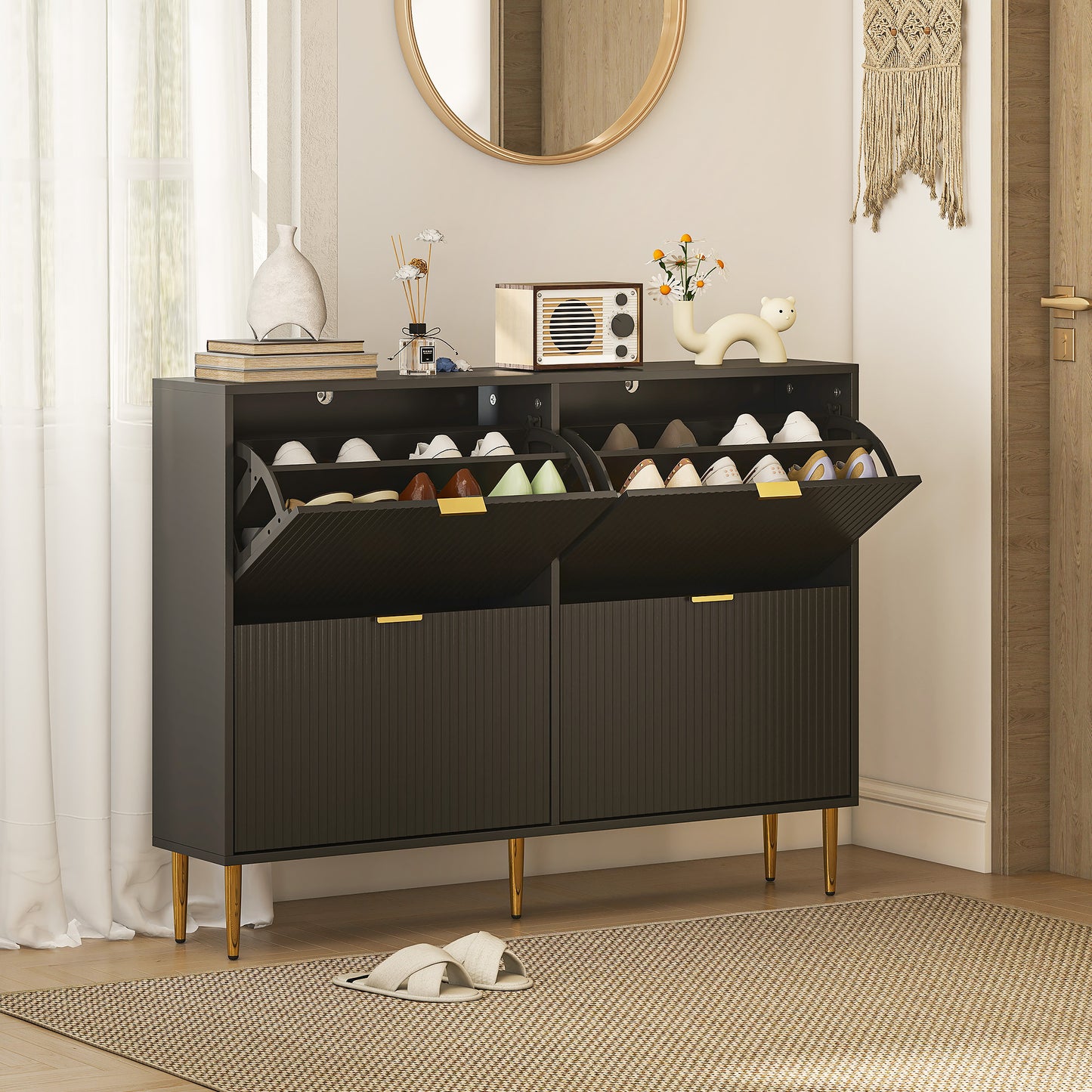 HOMCOM Narrow Shoe Cabinet with 4 Flip Drawers - Black