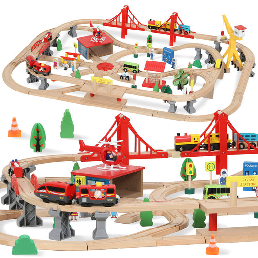 AIYAPLAY 133-Piece Wooden Train Set, Toy Train with Crane, Storage Box, for Kids Ages 3+
