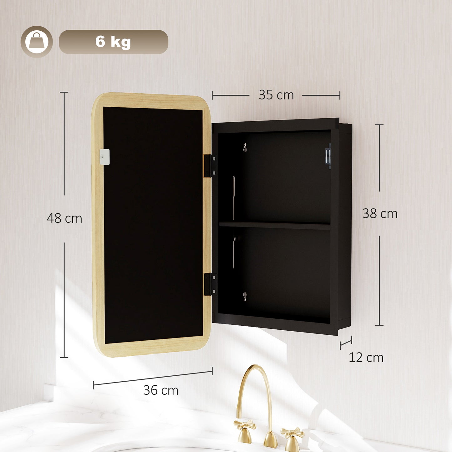 HOMCOM Bathroom Medicine Mirror Cabinet, Bathroom Wall Cabinet w/ Storage, Magnetic Door, Adjustable Shelf, Natural Wood Finish