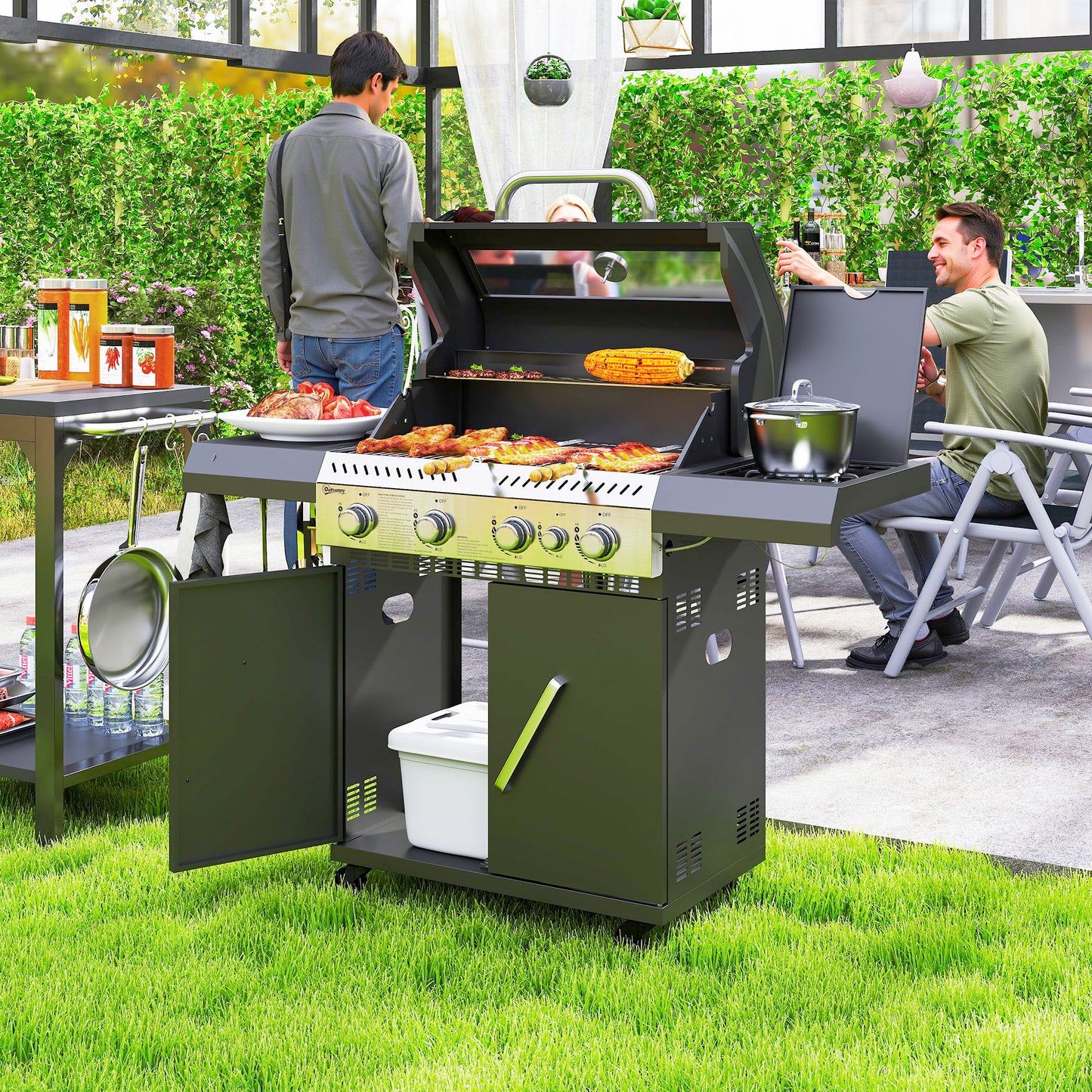 Outsunny 4+1 Burner Gas BBQ Grill, Clear View Lid, Thermometer, Side Table, Cabinet, Wheels, Grease Tray, Garden Outdoor Cooking, Black