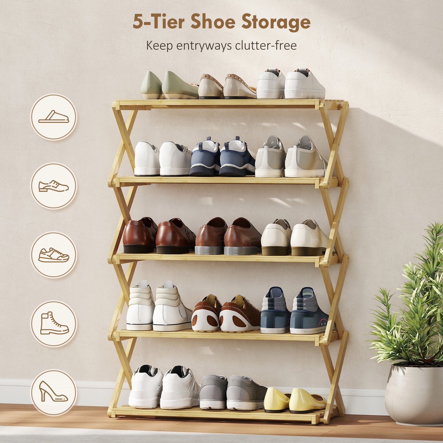 HOMCOM 5-Tier Bamboo Shoe Rack, No Assembly - Natural