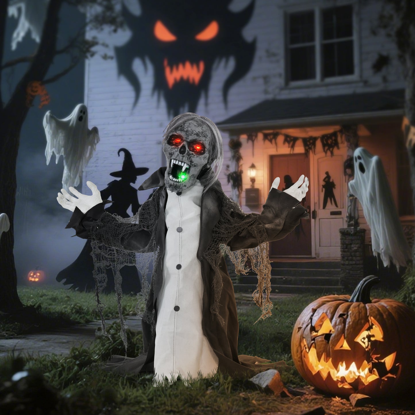 HOMCOM Halloween Animated Skeleton with Glowing LED Eyes and Mouth, Half-Body Halloween Decoration, Battery Operated