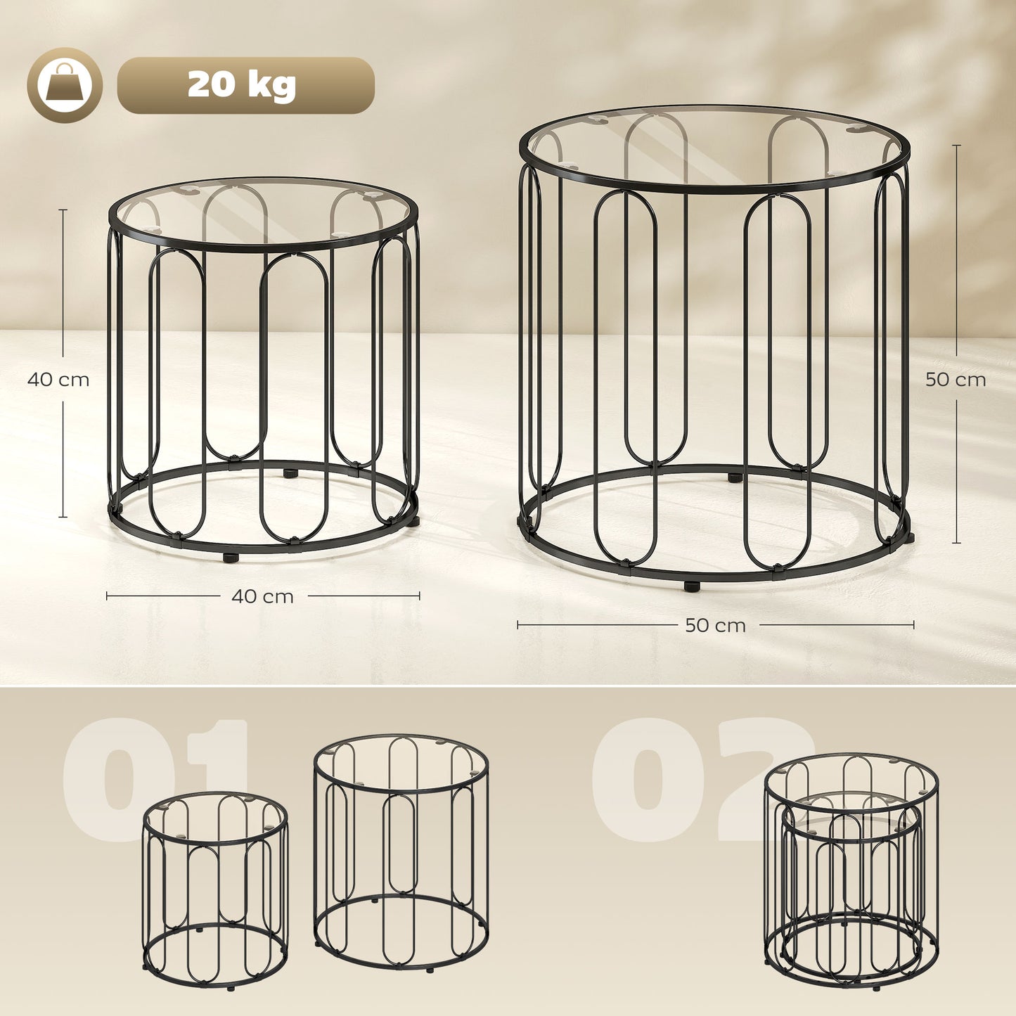 HOMCOM Elliptical Cut-Out Nesting Tables - Black