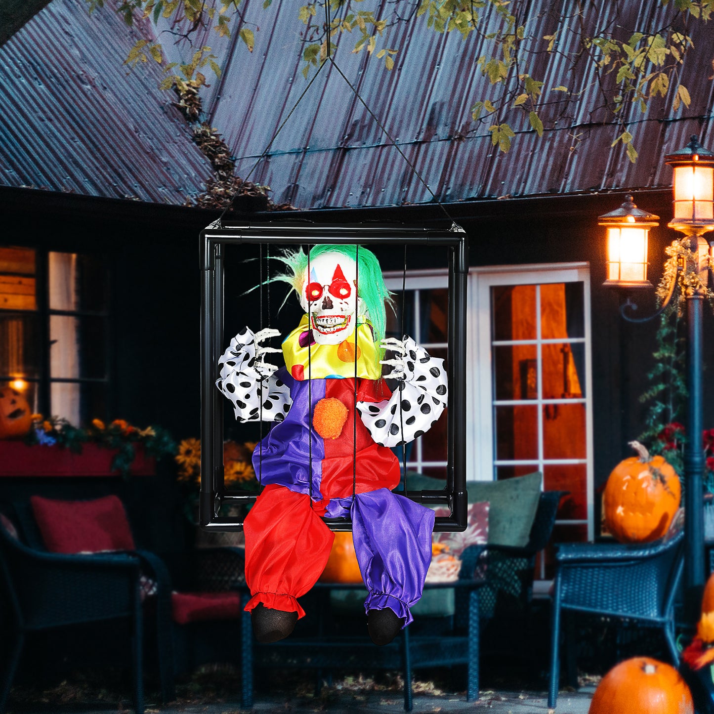 Outsunny Halloween Animated Clown in Cage with LED Eyes, Spooky Decorations, Battery Operated, Indoor Party Props, Halloween Decor - Clown