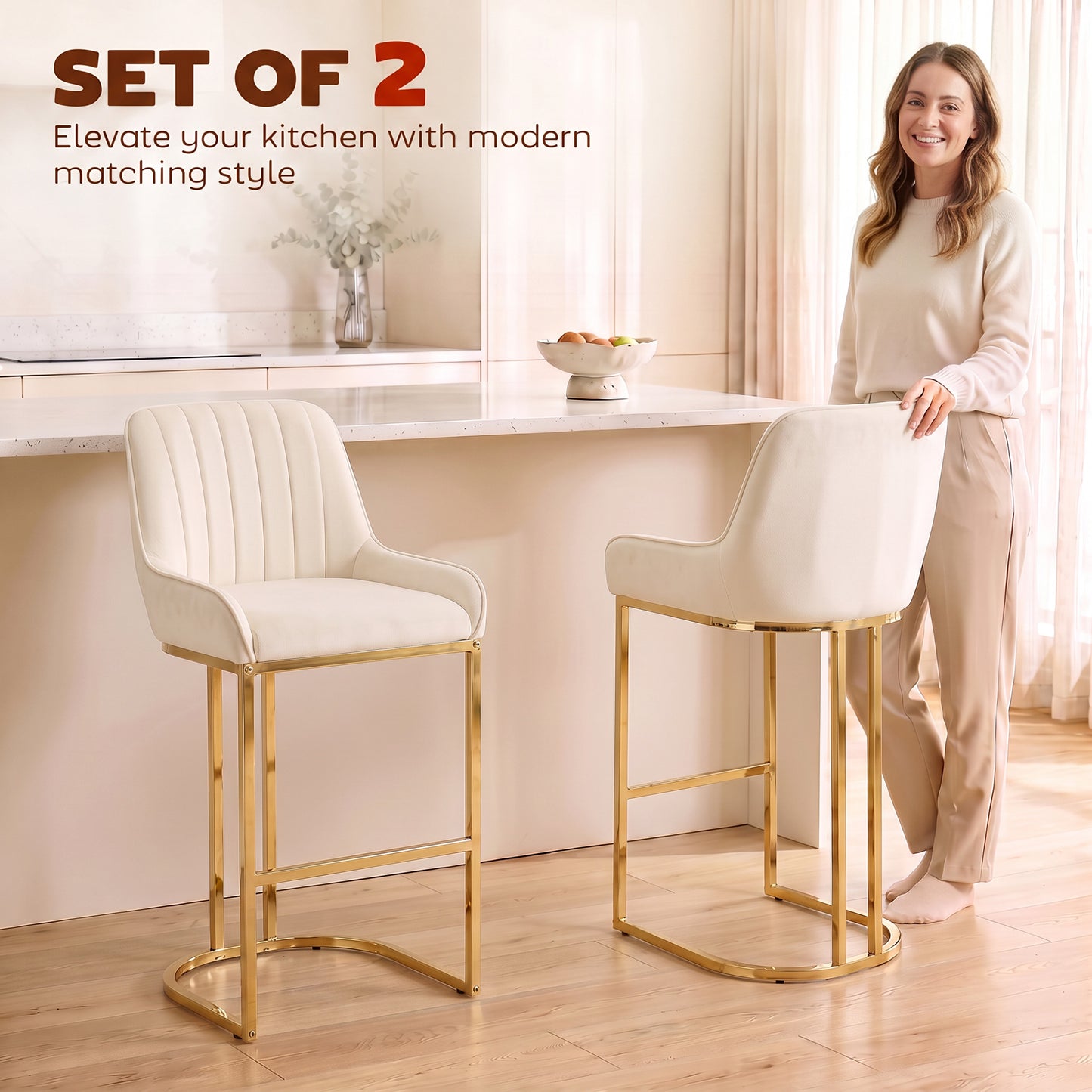 HOMCOM Bar Stools Set of 2 with Backrest, Footrest, Gold Electroplated Legs for Kitchen Island, Dining Room, Cream White