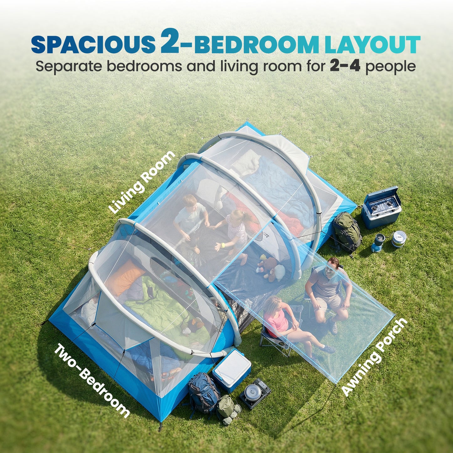 Outsunny Inflatable Tent 2 Bedroom 3000mm Waterproof Windproof Air Tent with Carry Bag for 4 Person