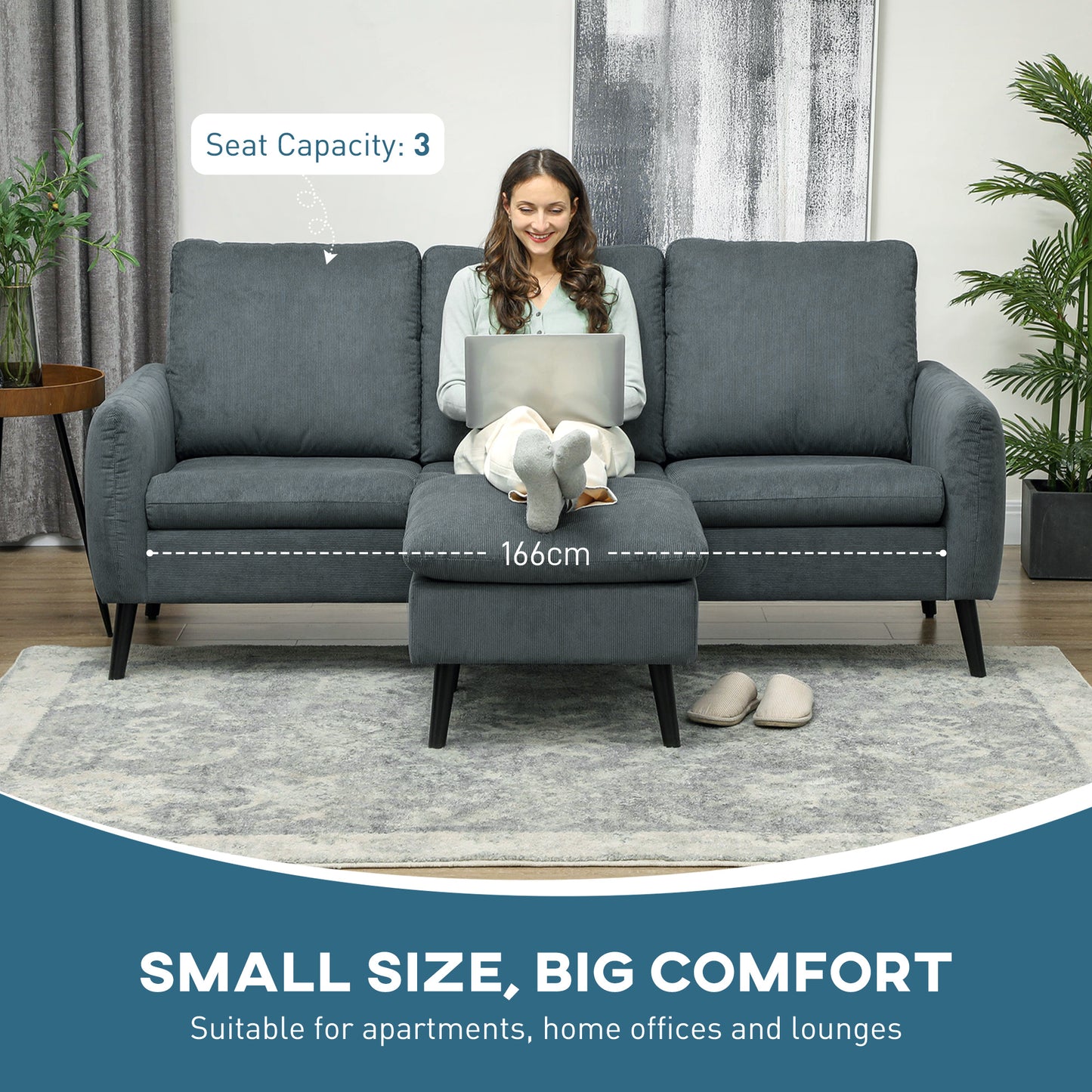 HOMCOM Corner Sofa with Reversible Chaise Lounge, Corduroy Fabric, 3-Seater, L-Shaped, Charcoal Grey