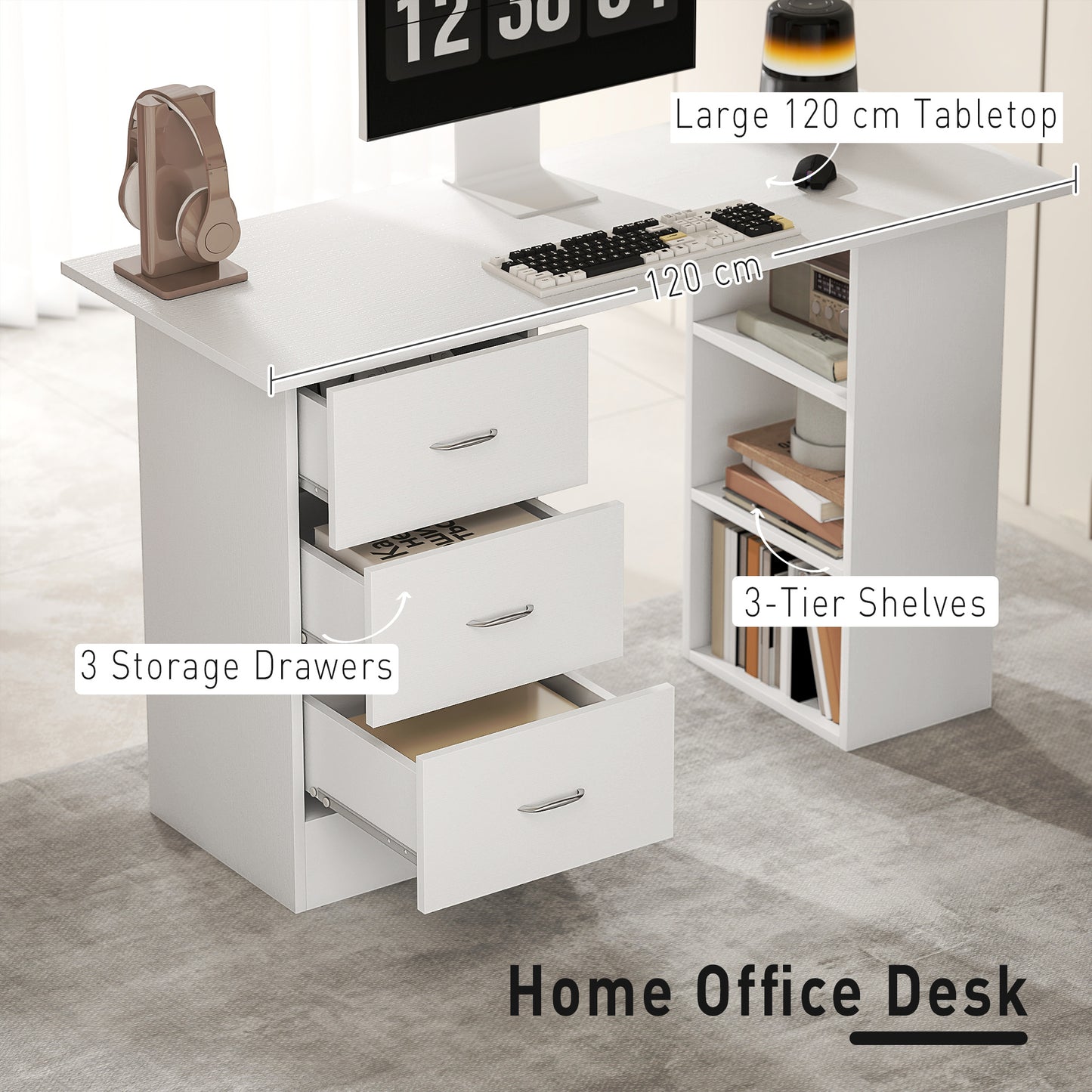 HOMCOM Computer Desk, Writing Table, PC Workstation with 3 Storage Shelves and Drawers, Silver Handle, for Home Office, White