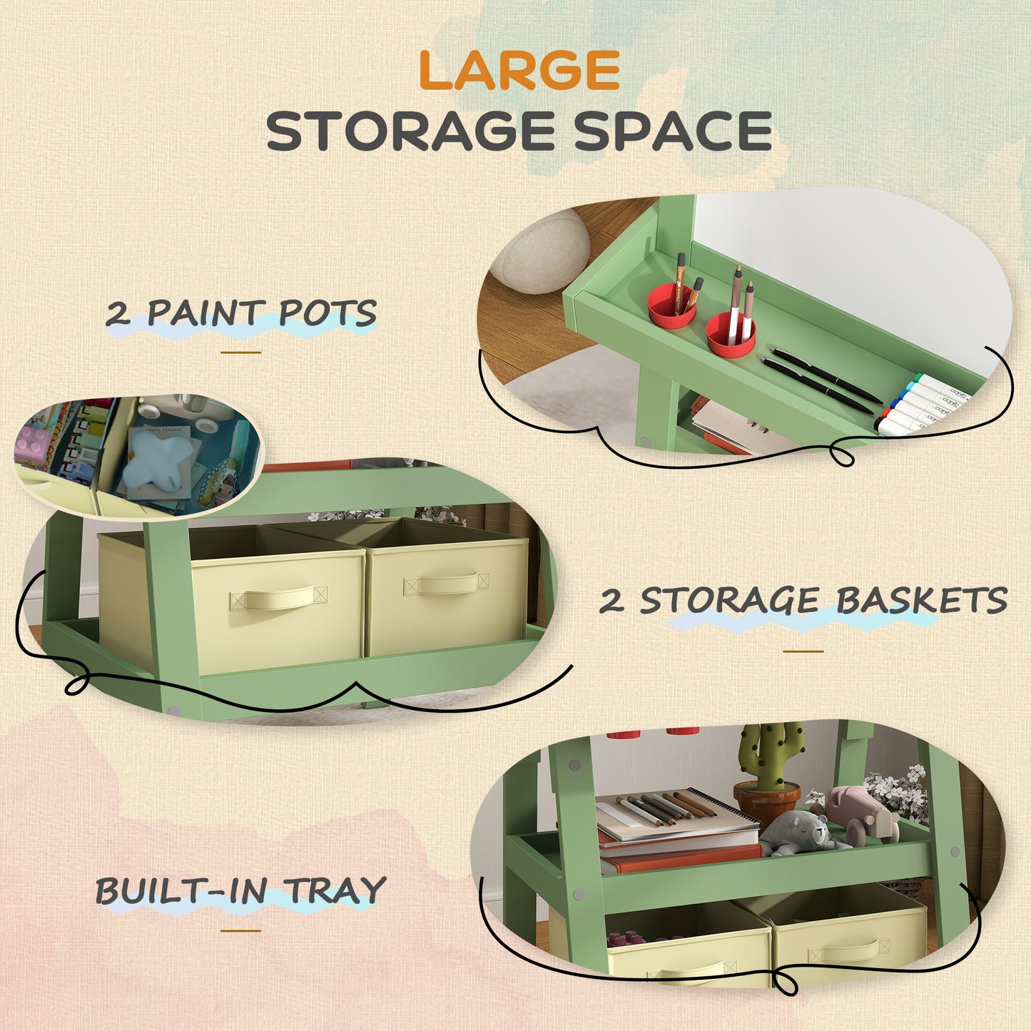 AIYAPLAY 3 in 1 Kids Easel Double-Sided Magnetic Whiteboard and Chalkboard with Paper Roll, Storage Baskets - Green