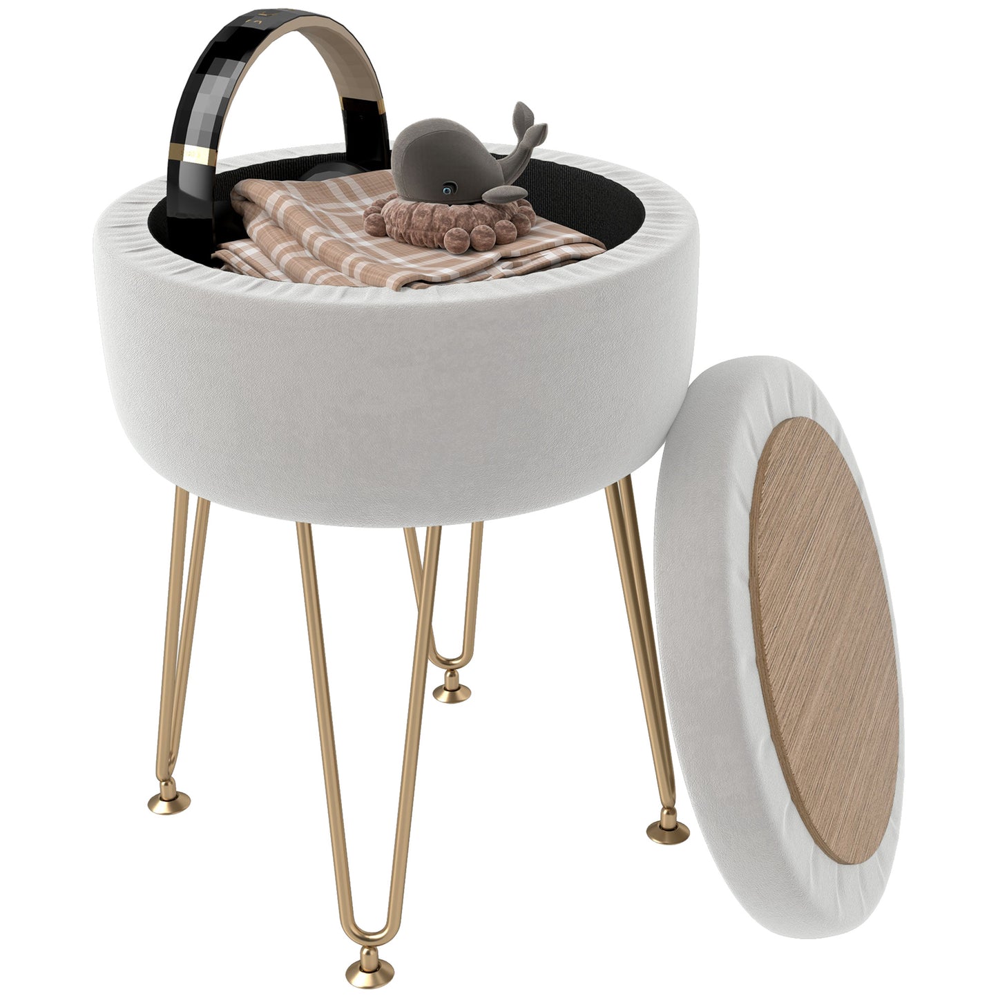 HOMCOM 5L Velvet-Feel Storage Ottoman - Cream White