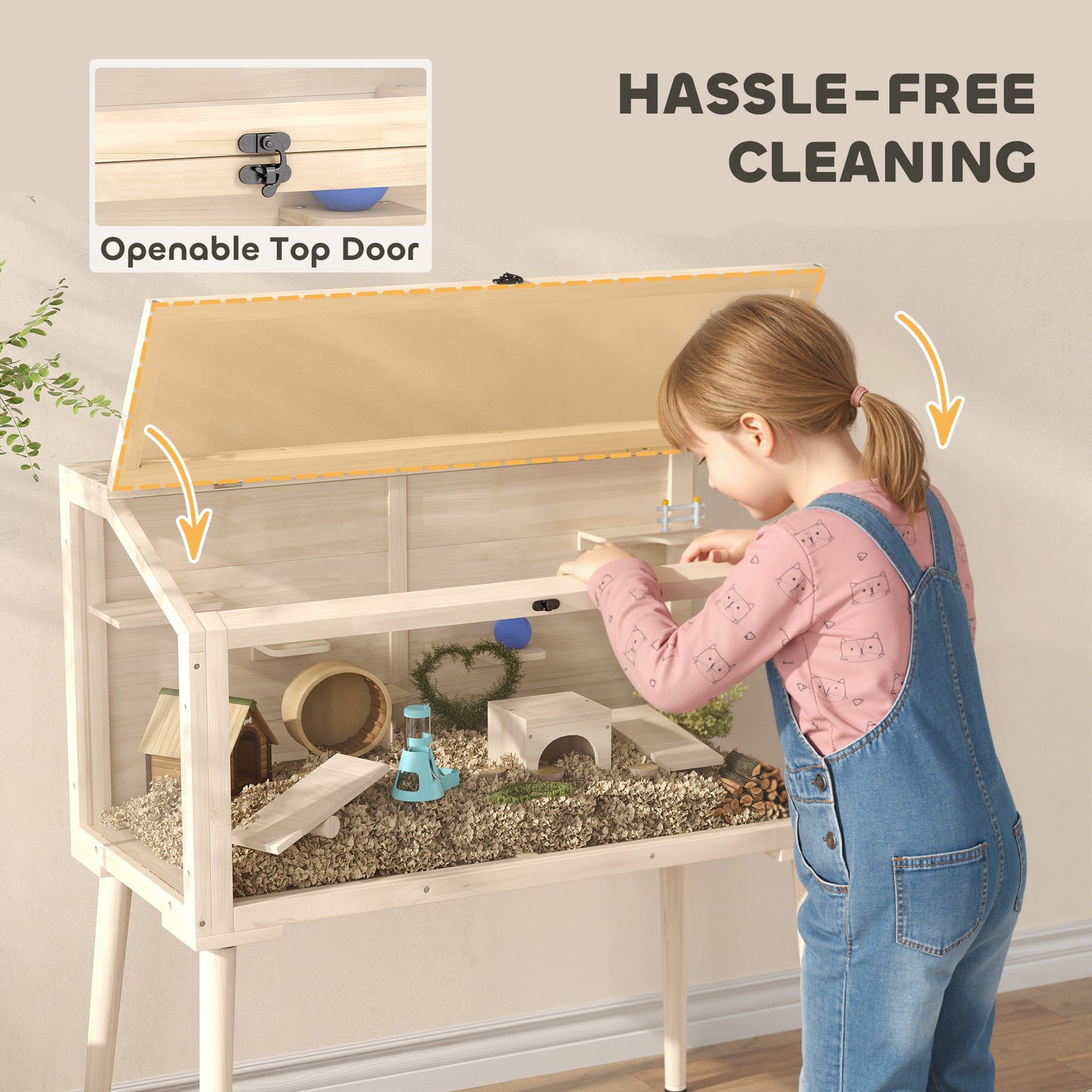 PawHut Wooden Hamster Cage, Hamster Habitat with Openable Top, Seesaws, Platforms, Water Bottle for Gerbils, 110 x 52 x 101 cm