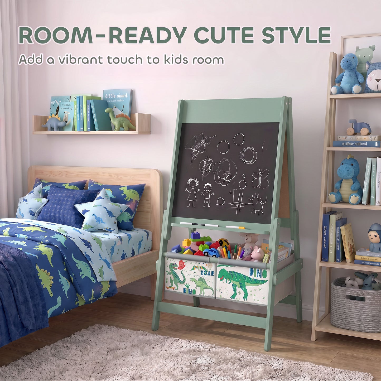 AIYAPLAY Art Easel for Kids, 3-in-1 Kids Easel with Chalkboard, Whiteboard, Paper Roll, Storage, Under-Board Shelf for 3-8, Green