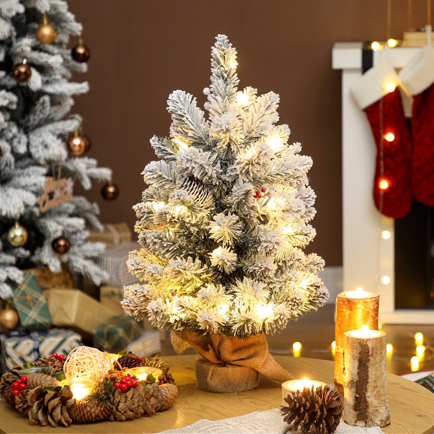 HOMCOM 60cm Prelit Christmas Tree with 35 LED Lights, Snow Flocked, 72 Branches, Pine Cones, Berry Clusters, Linen Base, Battery Operated, Green