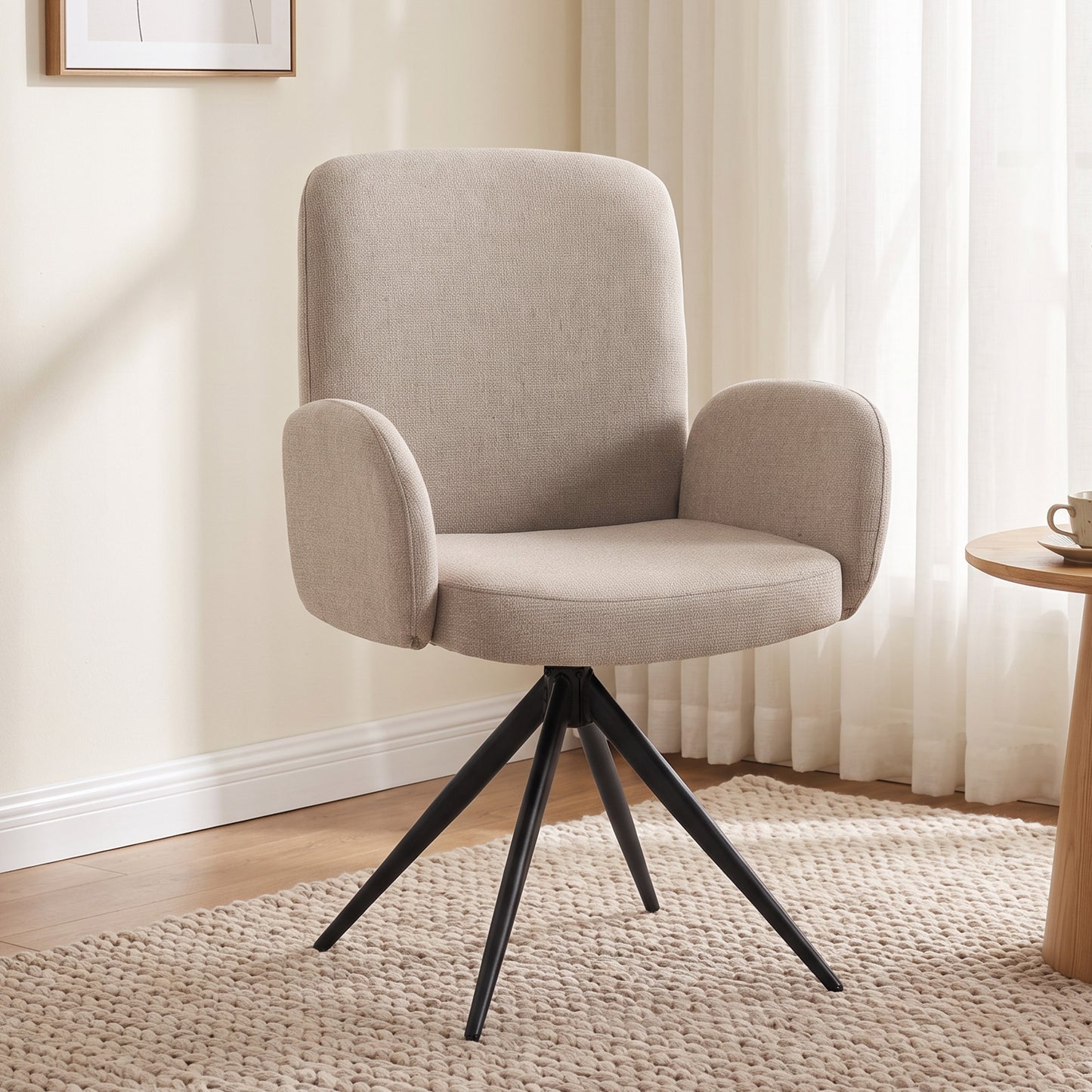 HOMCOM Swivel Accent Chair, Upholstered Linen-Look Armchair with Curved Backrest, Wrapped Armrests for Living Room, Light Brown