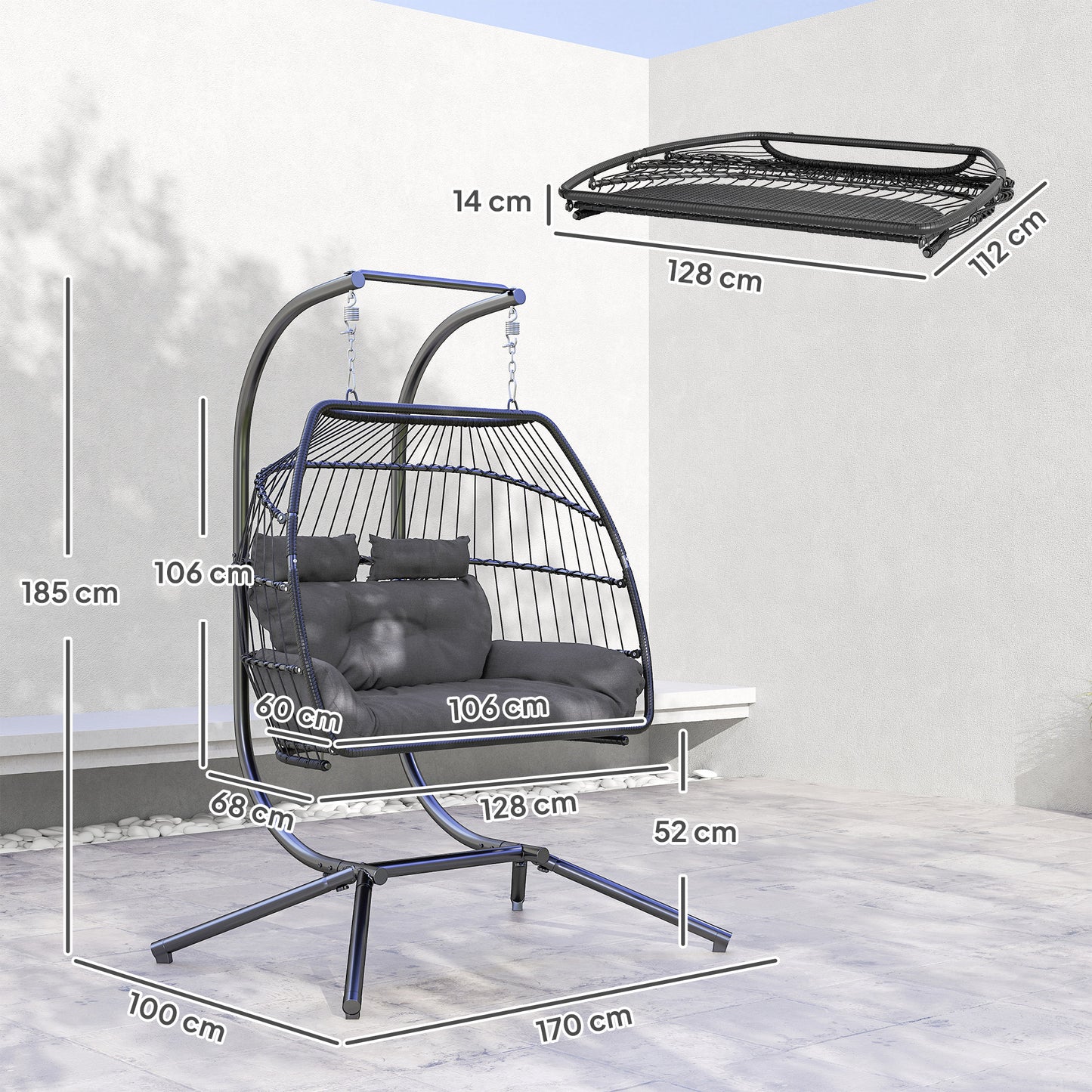 Outsunny Rattan Double Hanging Egg Chair with Stand, Foldable Wicker, Cushion & Head Pillows, 260 kg Capacity, Steel Frame, Indoor/Outdoor, Dark Grey