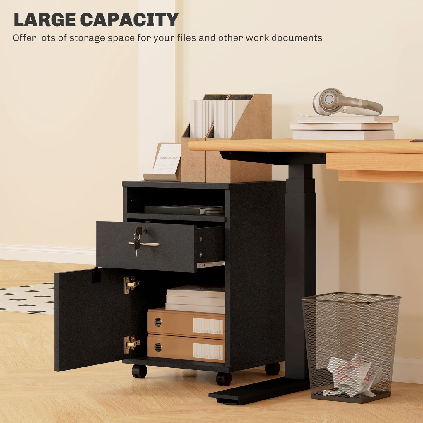 HOMCOM 60cm Filing Cabinet with Drawer, Open Shelf, Metal Handles and 4 Wheels, Office Home Organiser Mobile Printer, Black