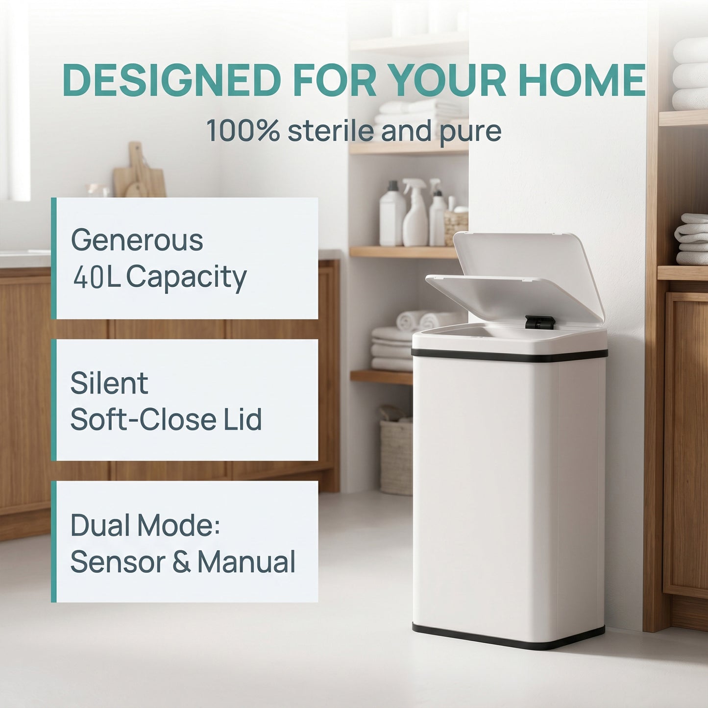 HOMCOM 40L Sensor Bin with Soft-Close Lid, Stainless Steel Automatic Touchless Motion Sensor Kitchen Bin, White