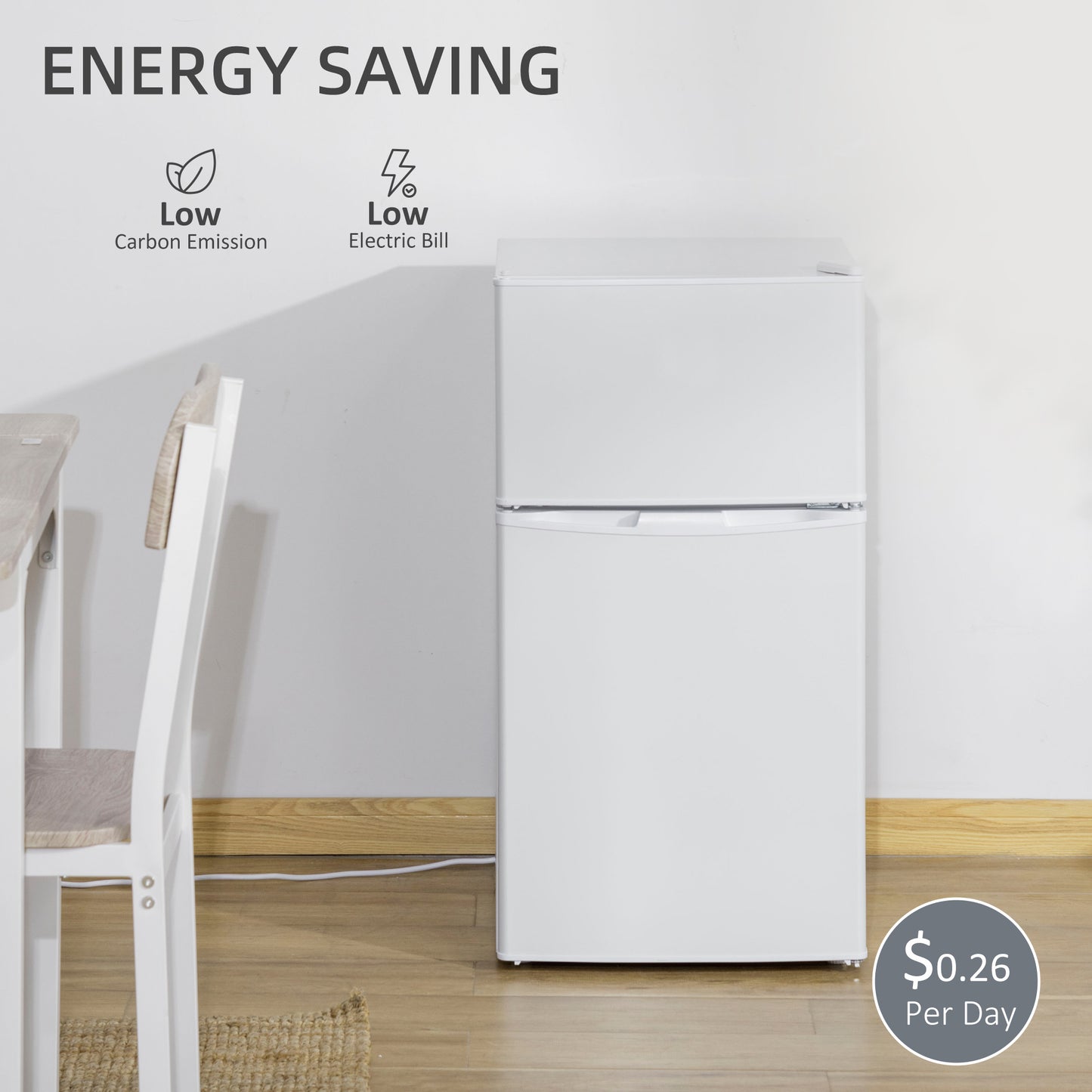 HOMCOM 88L Under Counter Fridge Freezer, 2 Door Small Refrigerator with 5-Setting Thermostat, 3 Star Freezer Rating, White