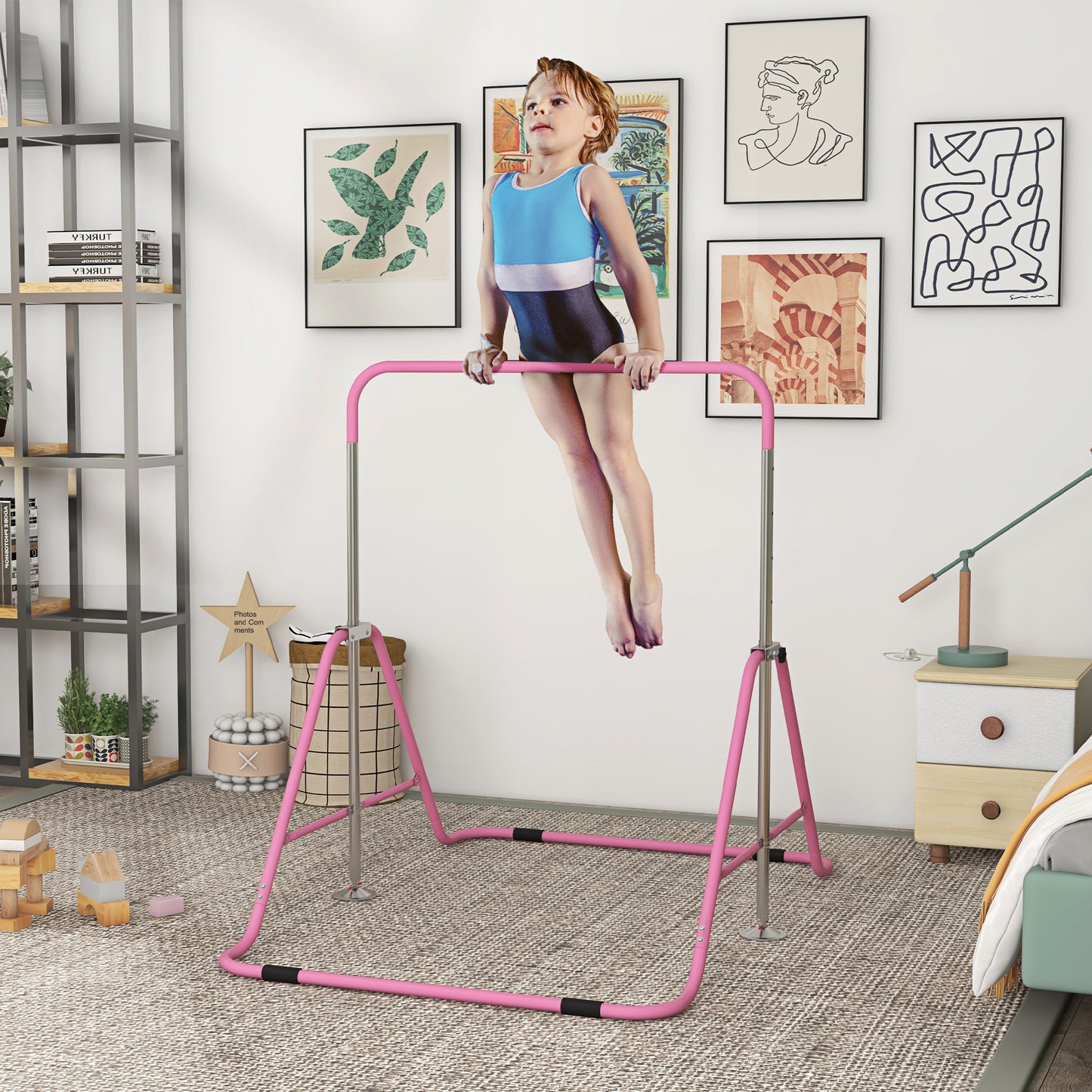 HOMCOM Kids Gymnastics Bar w/ Adjustable Height Foldable Horizontal Bars Pink
